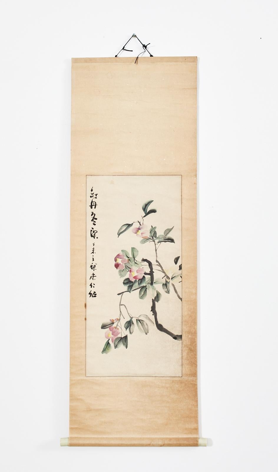 Qing Chinese Hanging Scroll Painting of Camellias Signed Dated For Sale