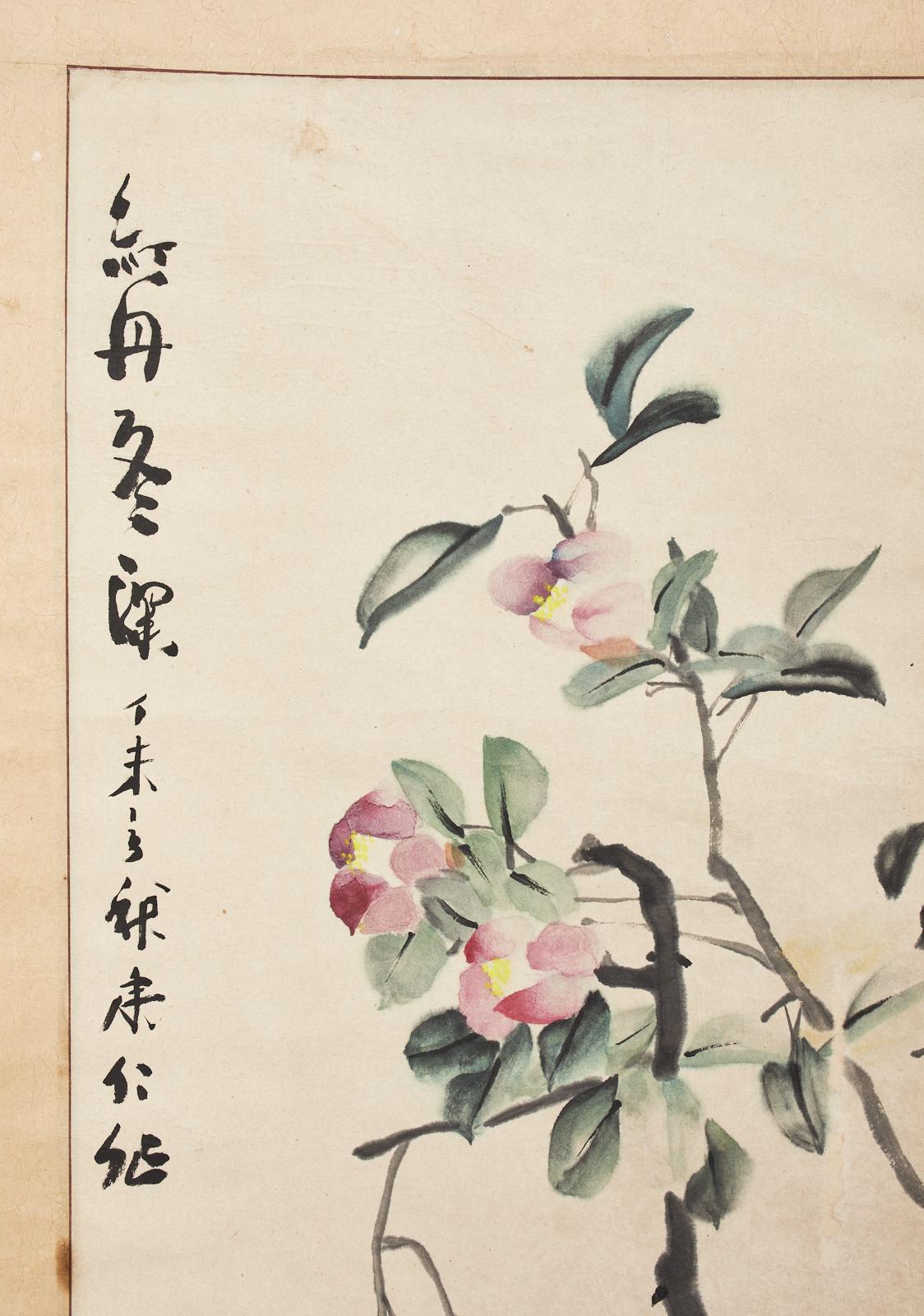 Hand-Crafted Chinese Hanging Scroll Painting of Camellias Signed Dated For Sale
