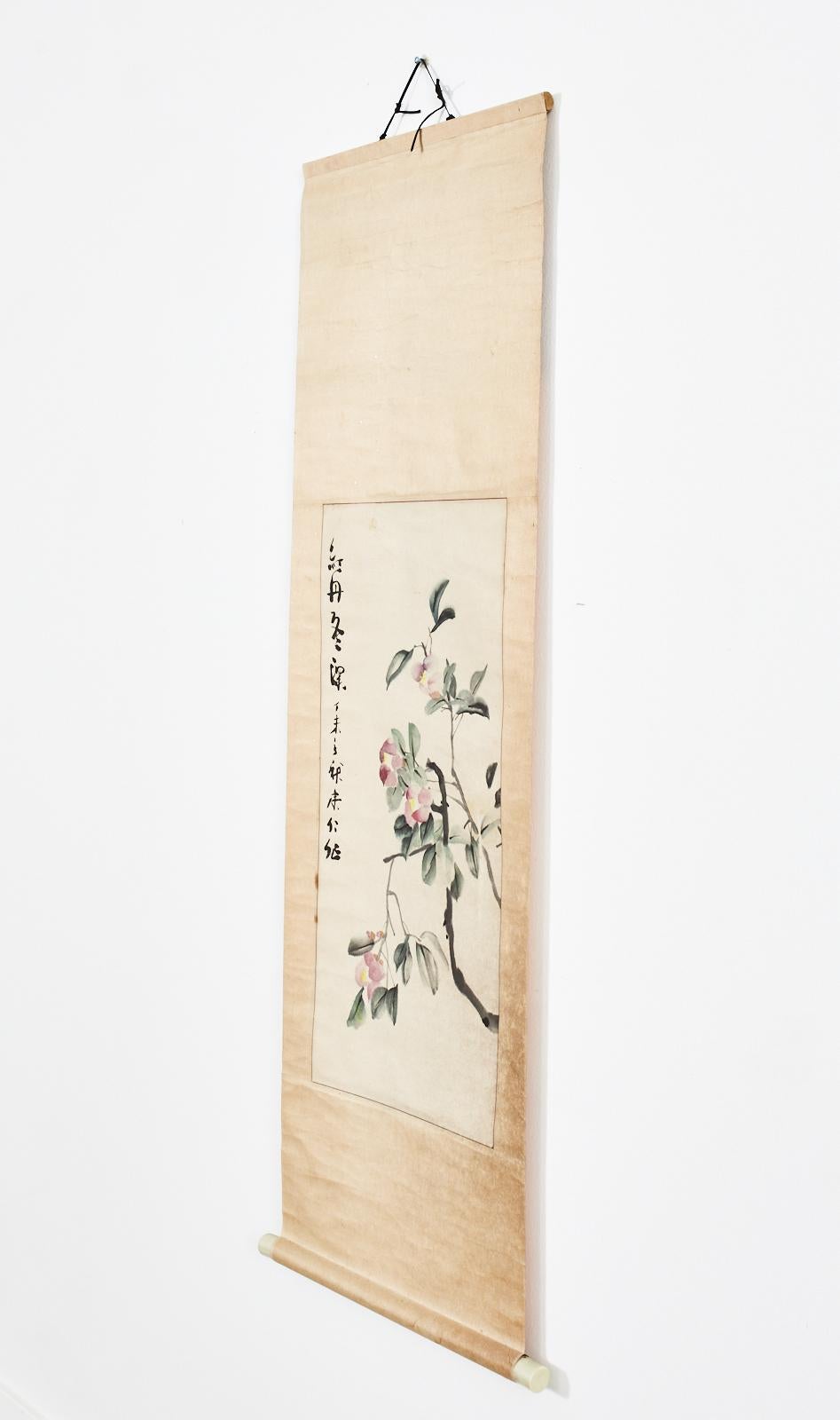 Chinese Hanging Scroll Painting of Camellias Signed Dated In Distressed Condition For Sale In Rio Vista, CA