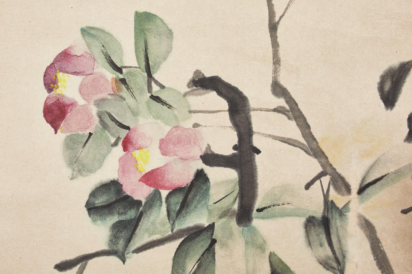 20th Century Chinese Hanging Scroll Painting of Camellias Signed Dated For Sale