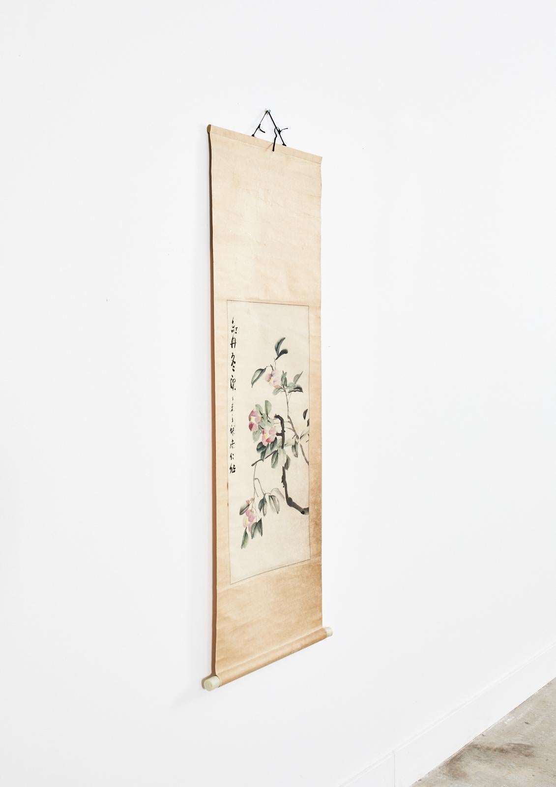 Wood Chinese Hanging Scroll Painting of Camellias Signed Dated For Sale