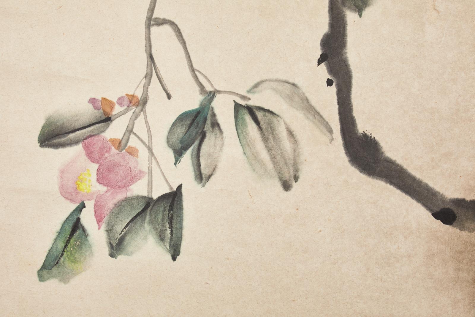Chinese Hanging Scroll Painting of Camellias Signed Dated For Sale 1