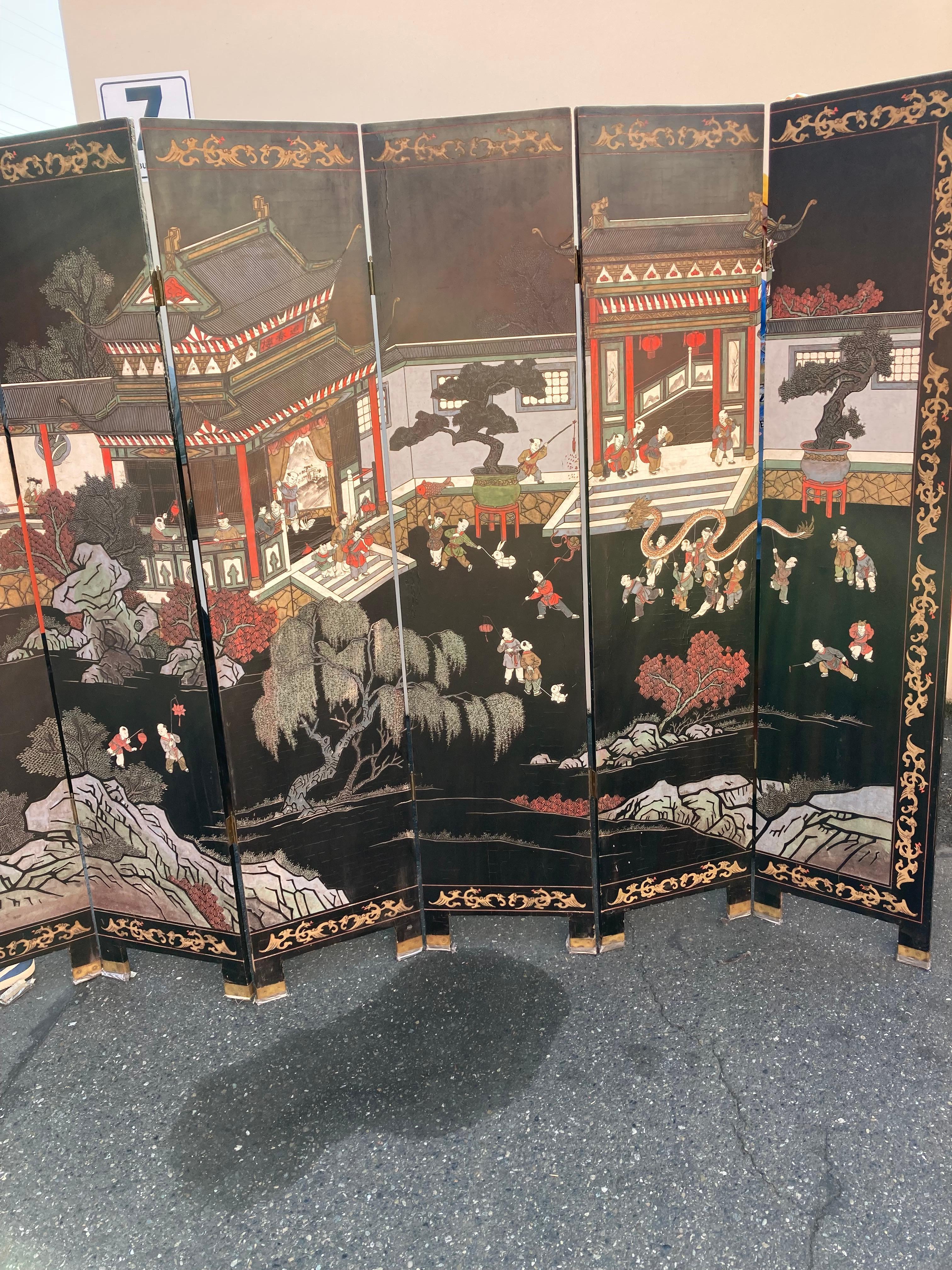 Lacquer Chinese Hard Stone Inlaid Double Sided Screen For Sale