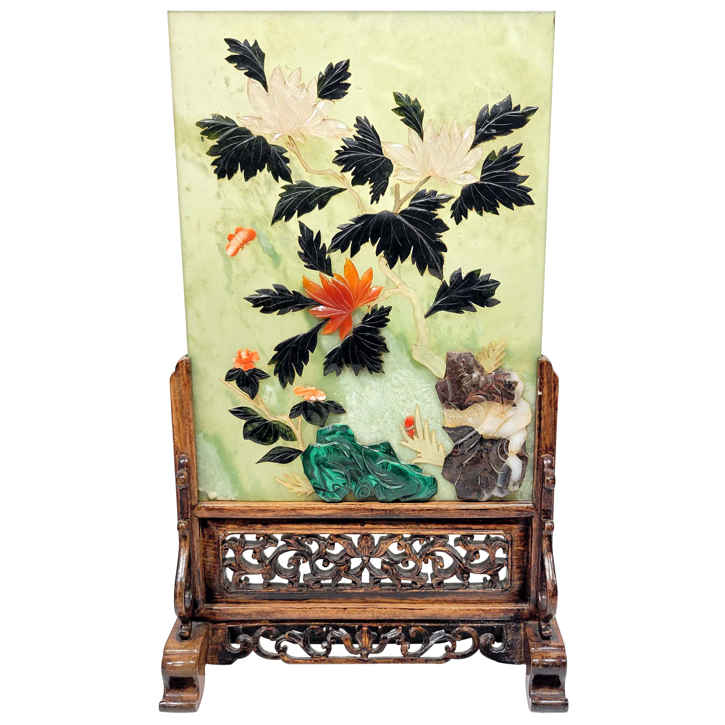 Chinese Hard Stone Jade and Cral Table Tea Screen