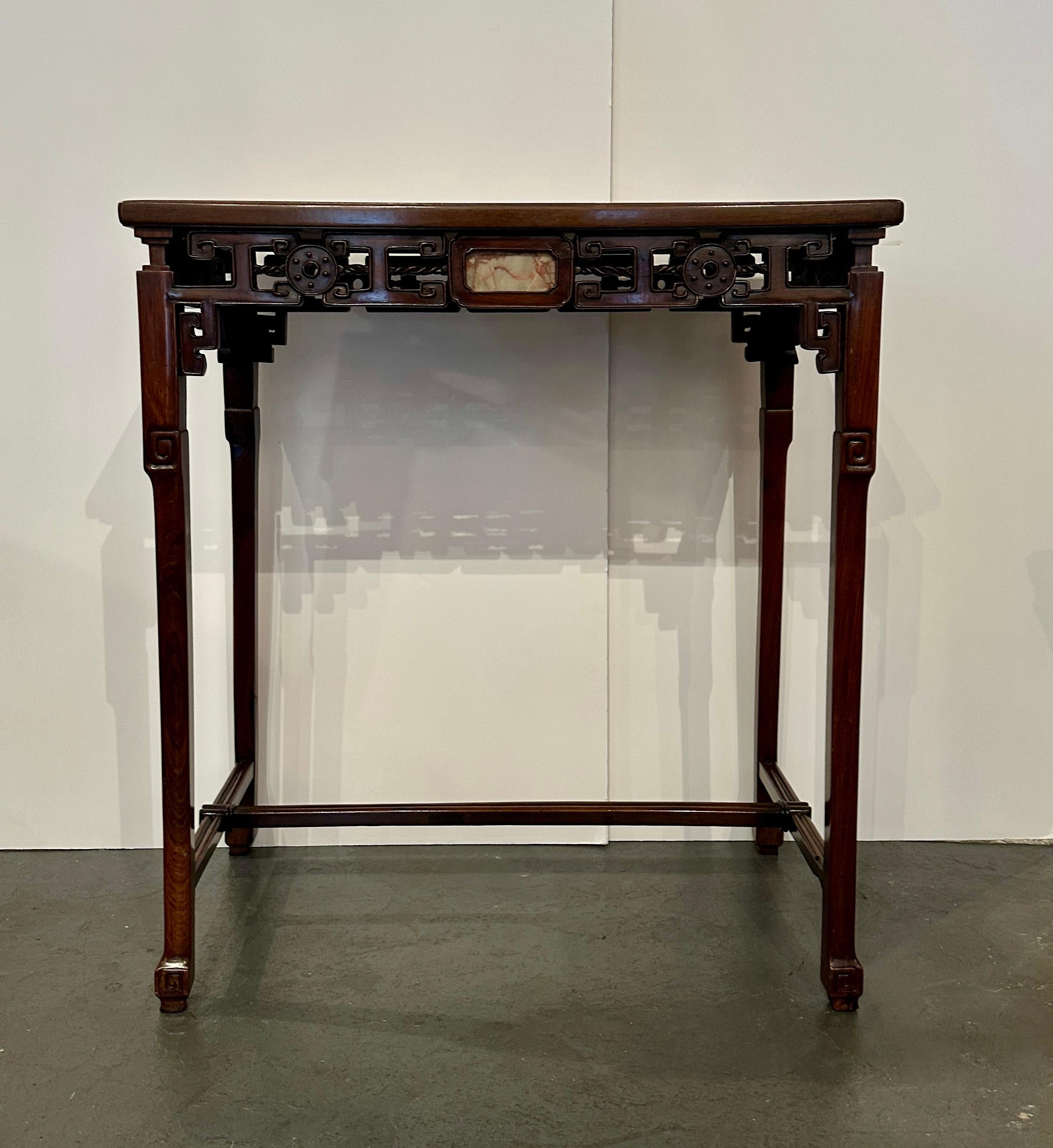 Hand-Carved Chinese Hardwood Console with Marble Insets For Sale