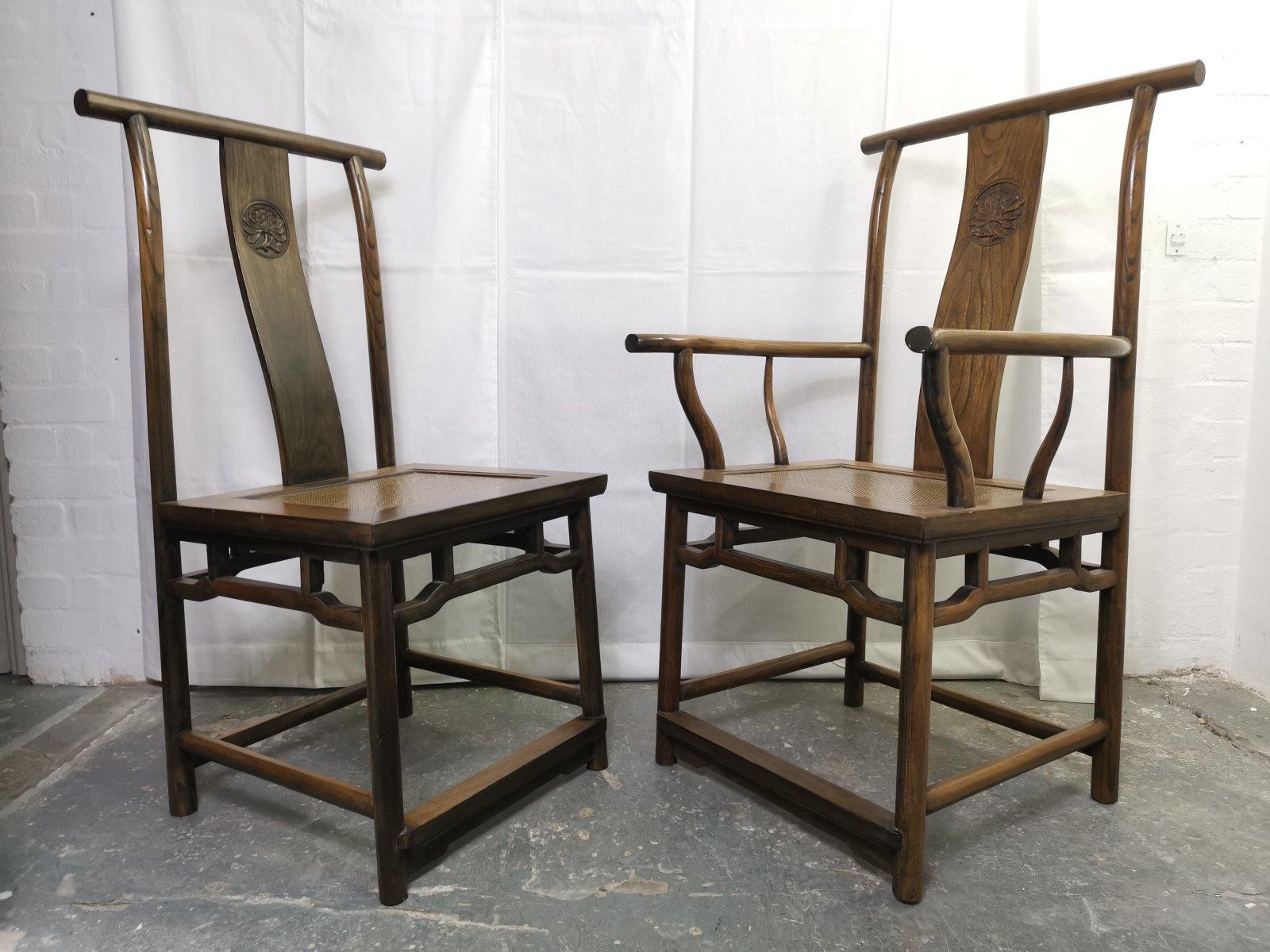 Teak Chinese Hard Wood Dining Table & Eight Matching Chairs all with Stylized Carving For Sale