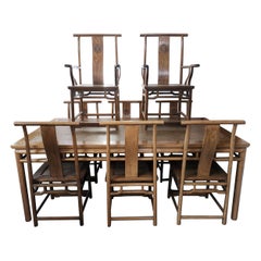 Vintage Chinese Hard Wood Dining Table & Eight Matching Chairs all with Stylized Carving