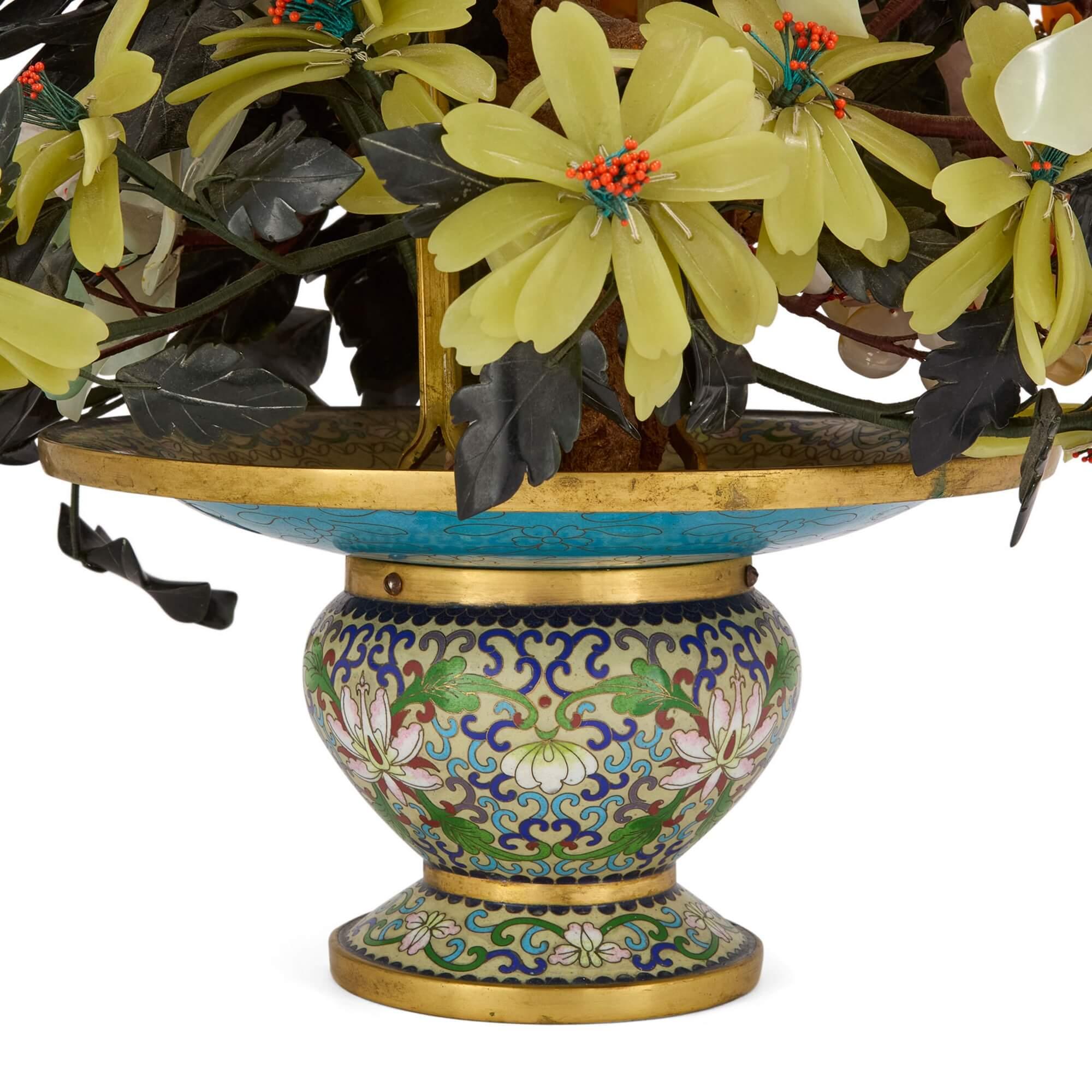 Carved Chinese Hardstone and Cloisonné Enamel Flower Tree Model  For Sale