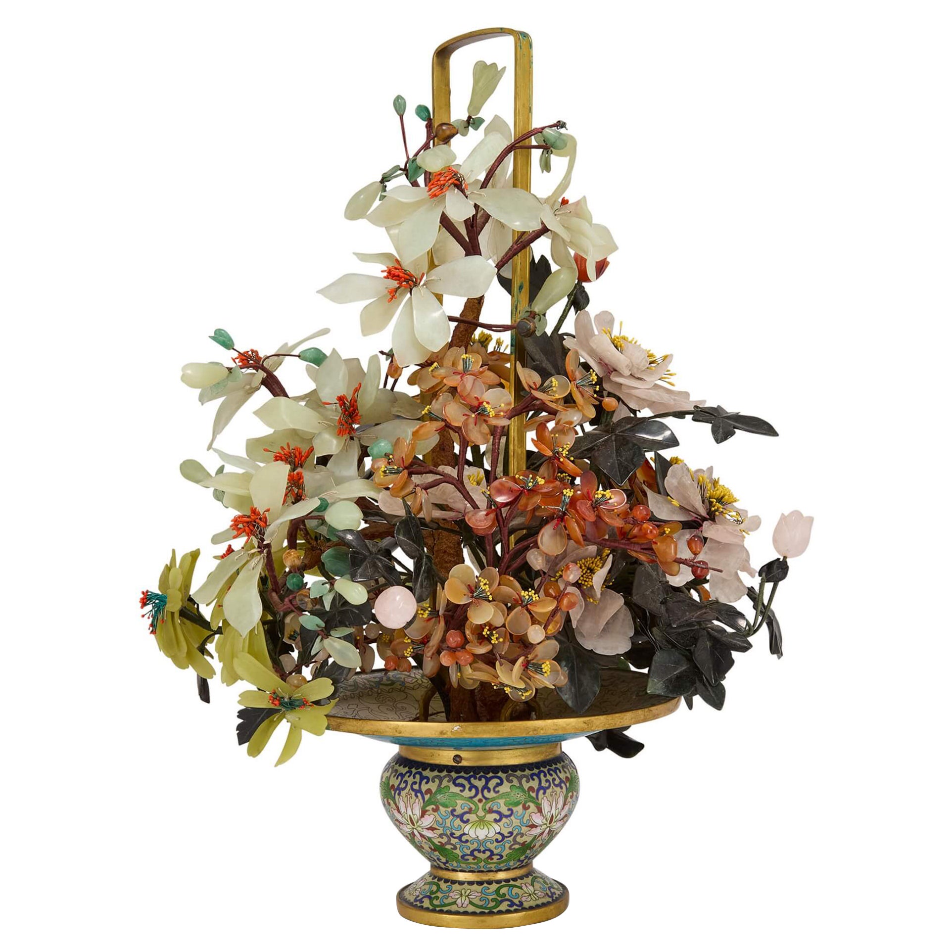Chinese Hardstone and Cloisonné Enamel Flower Tree Model