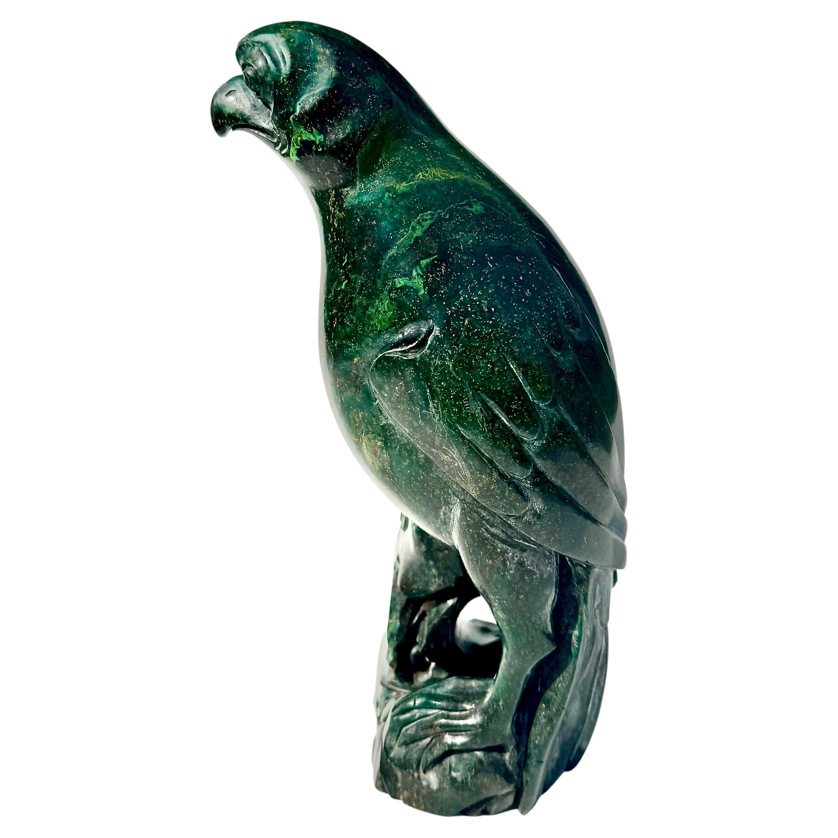 Parrot Sculpture, Chinese Carved Green Stone Bird on Rock Base