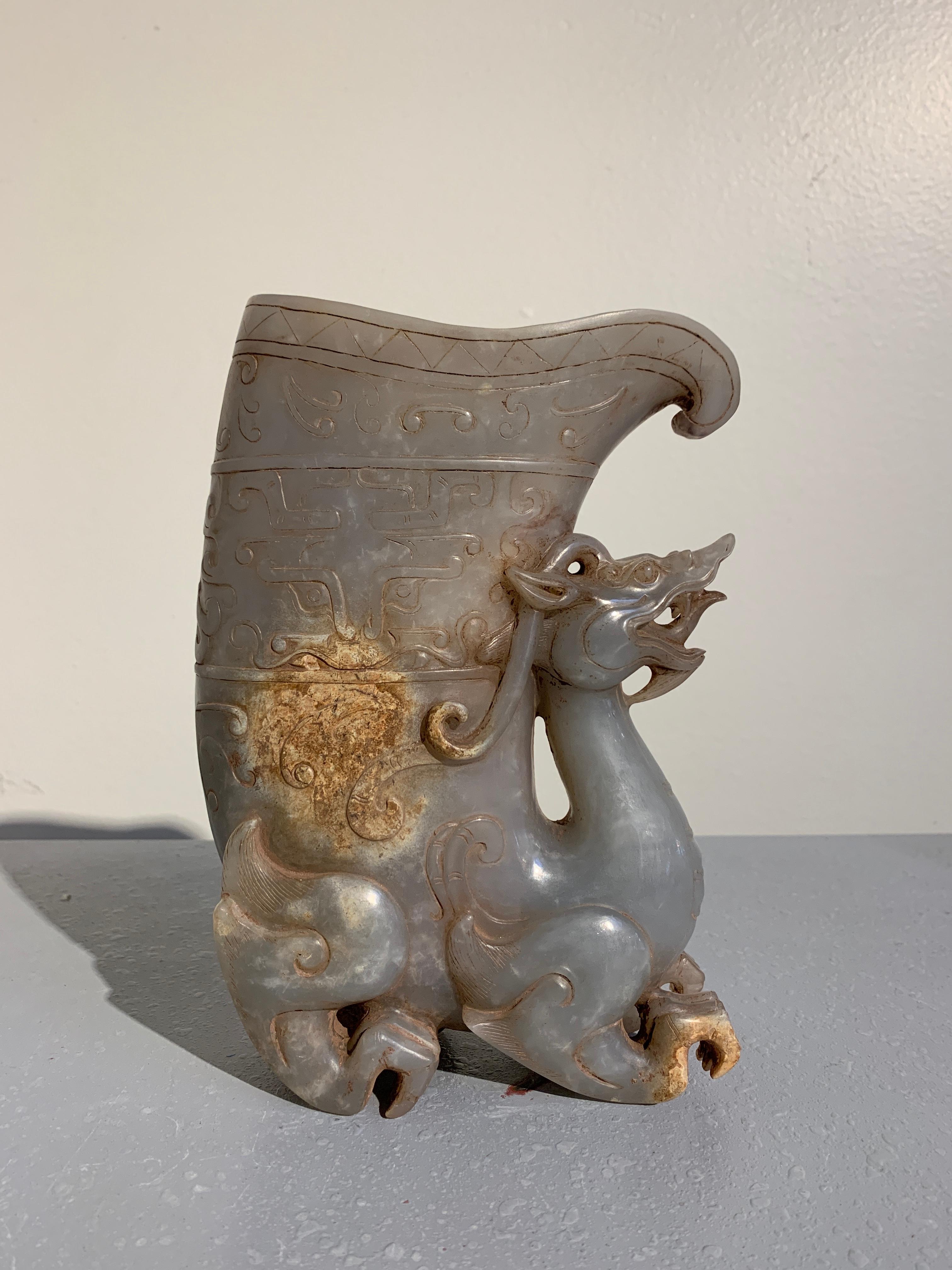 Hand-Carved Chinese Hardstone Carved Mythical Beast Rhyton Vessel, 20th Century For Sale