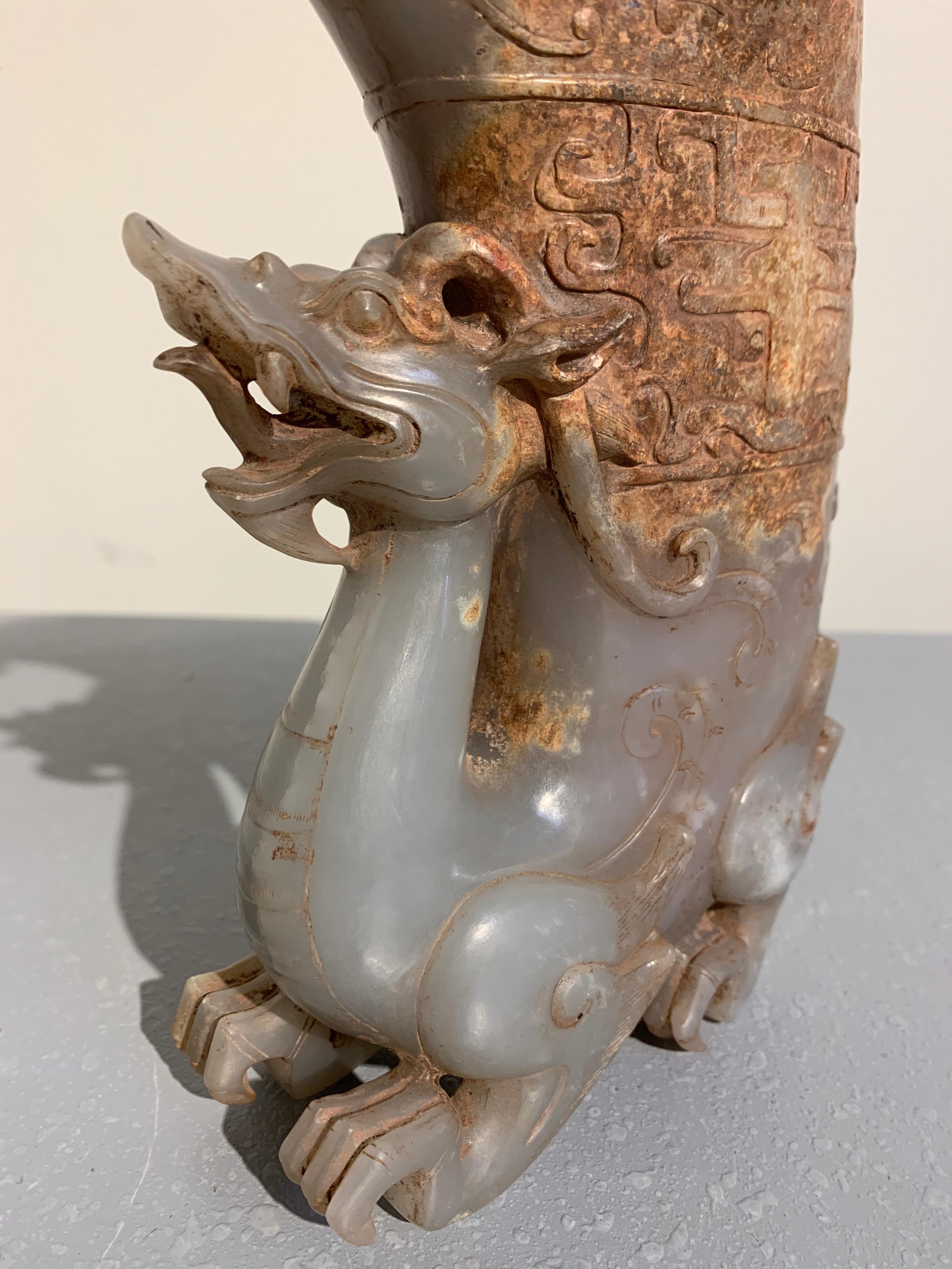 Jade Chinese Hardstone Carved Mythical Beast Rhyton Vessel, 20th Century For Sale