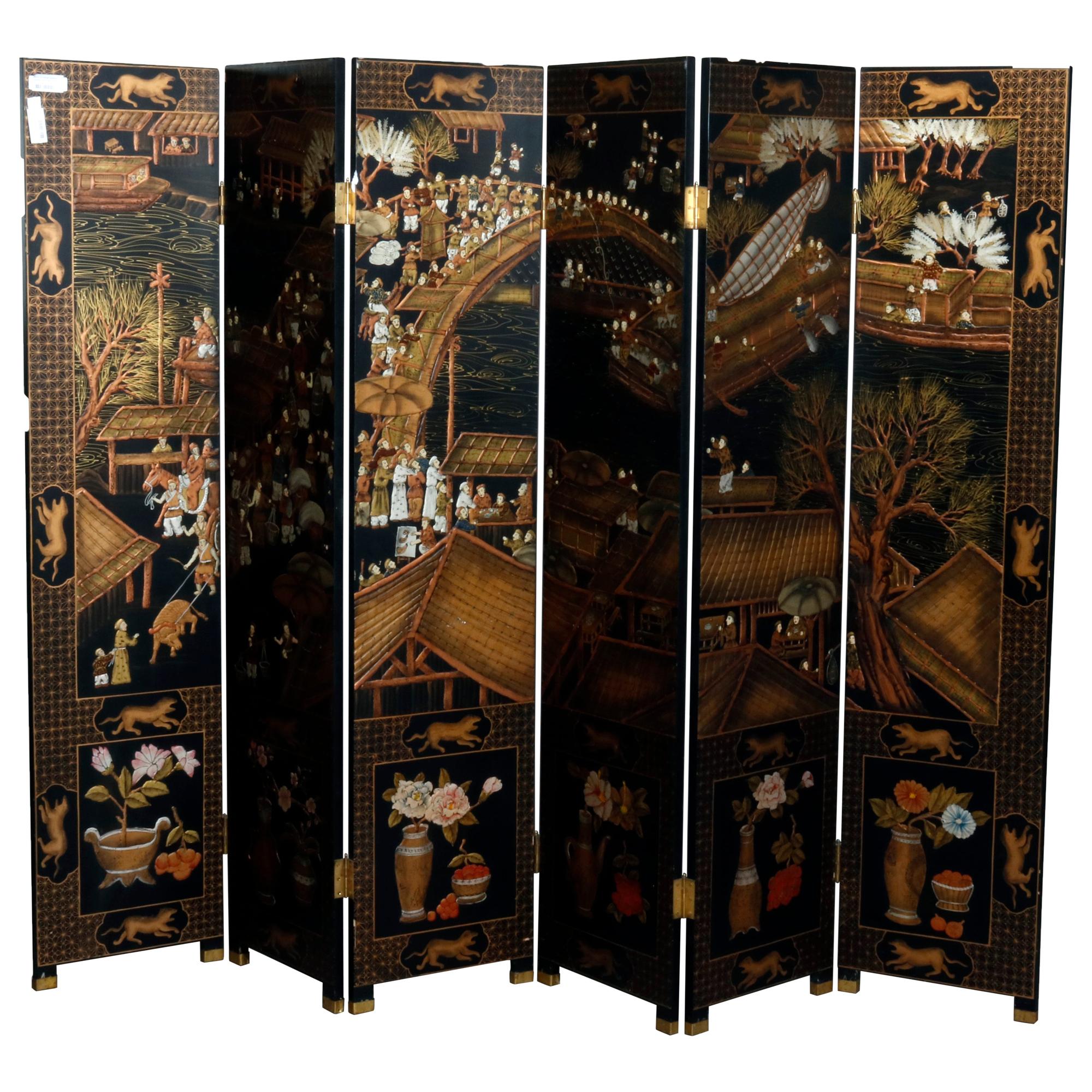 Chinese Hardstone Chinoiserie Decorated Oriental 6 Panel Screen, 20th Century