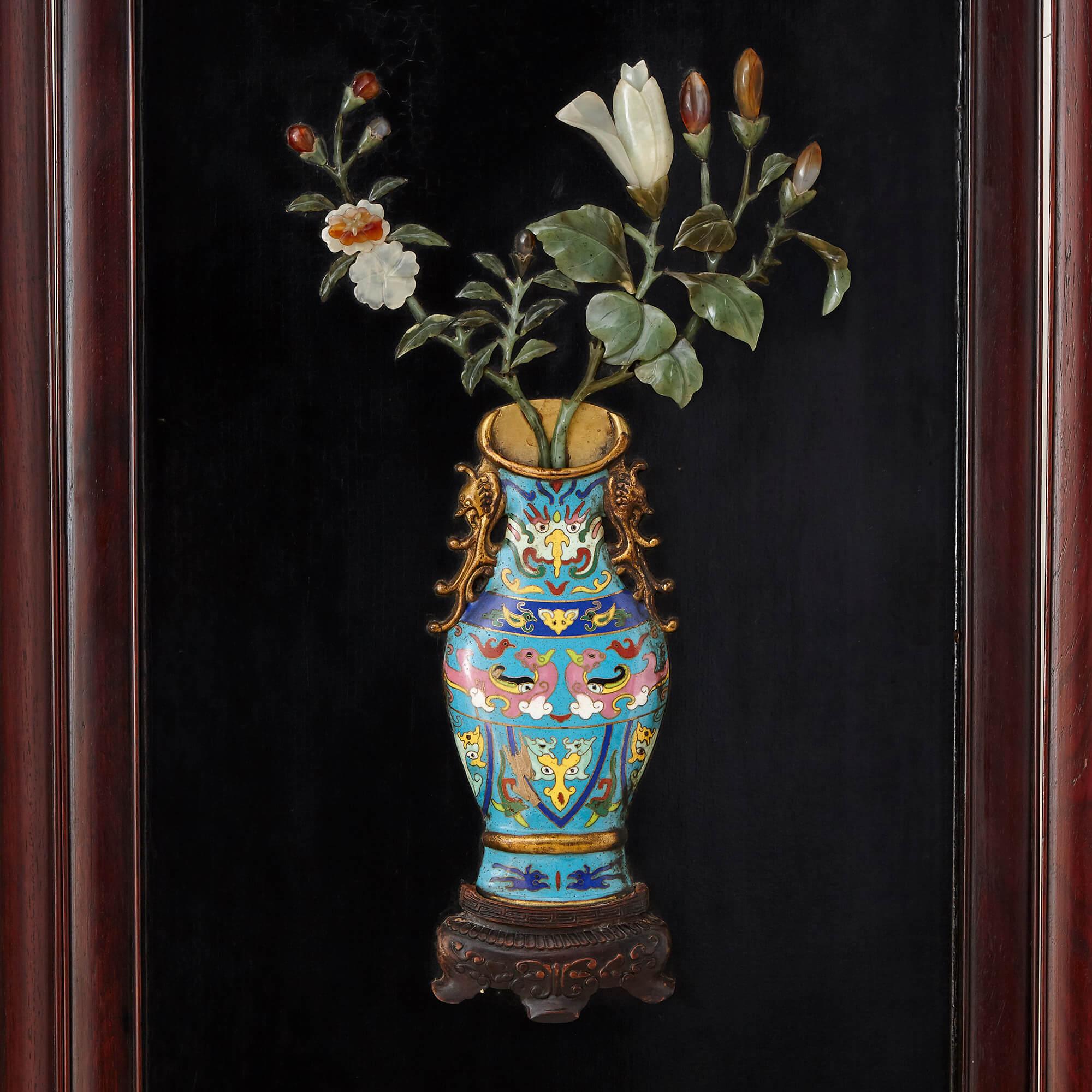 Stone Chinese Hardstone, Cloisonne Enamel and Lacquer Screen