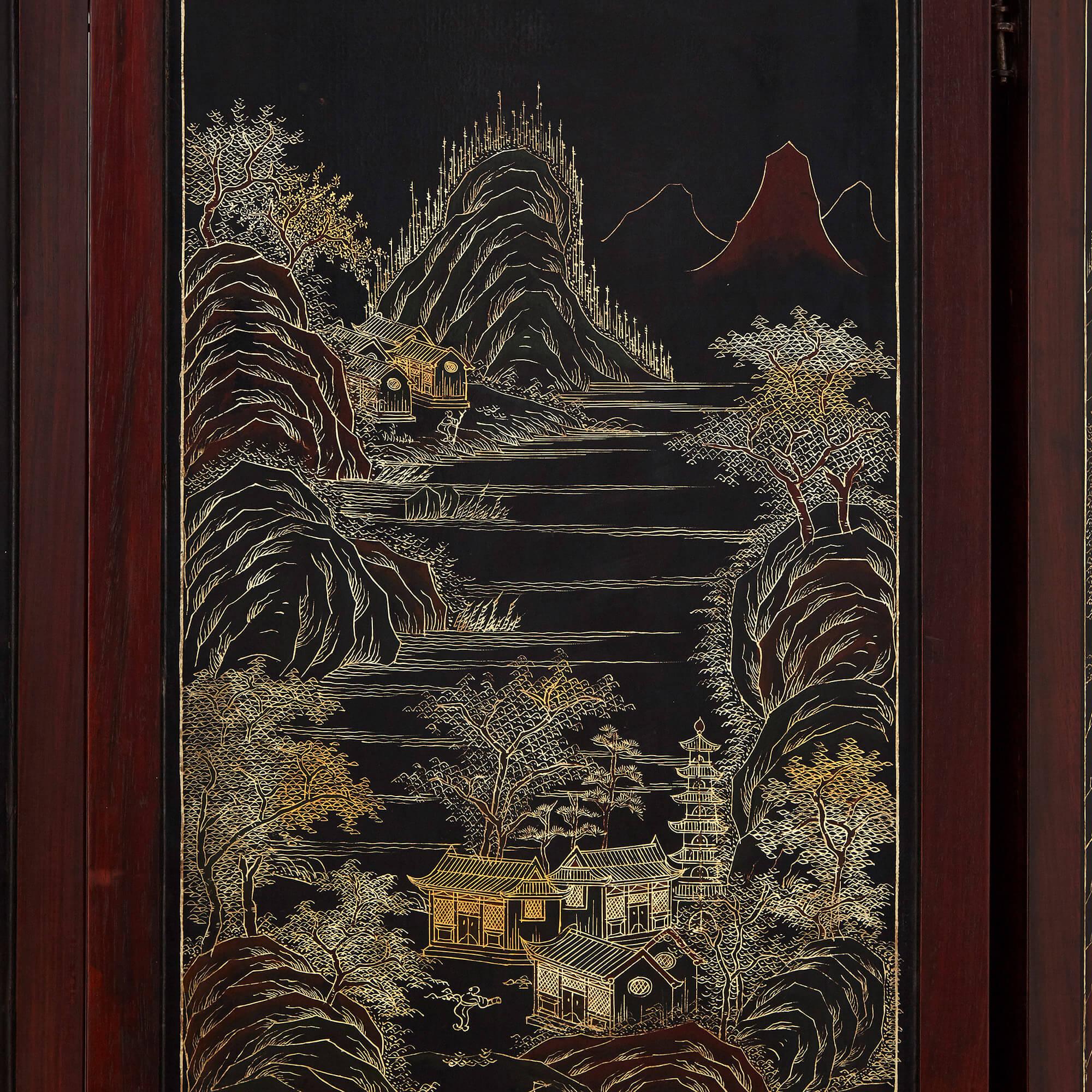 Chinese Hardstone, Cloisonne Enamel and Lacquer Screen 1