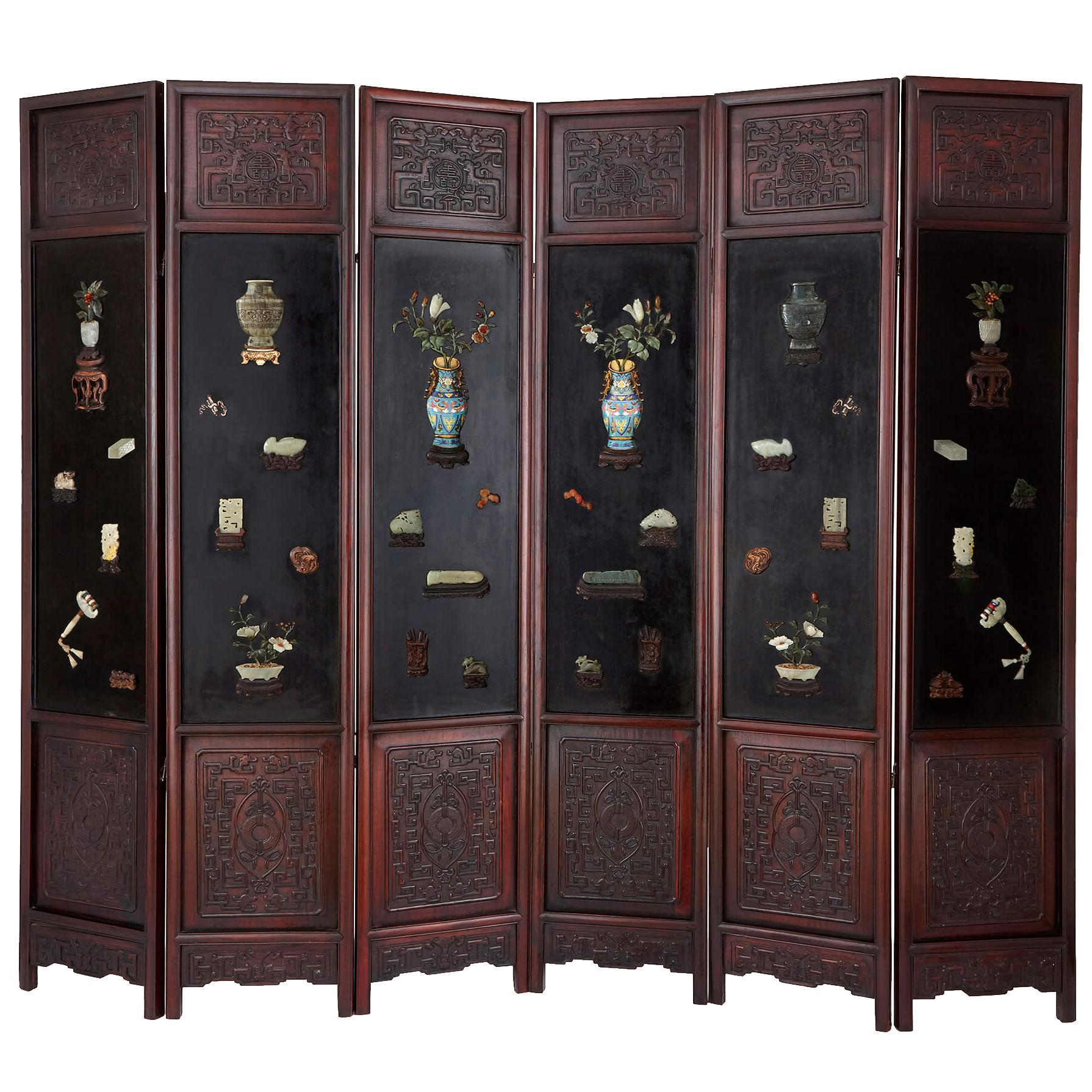 Chinese Hardstone, Cloisonne Enamel and Lacquer Screen