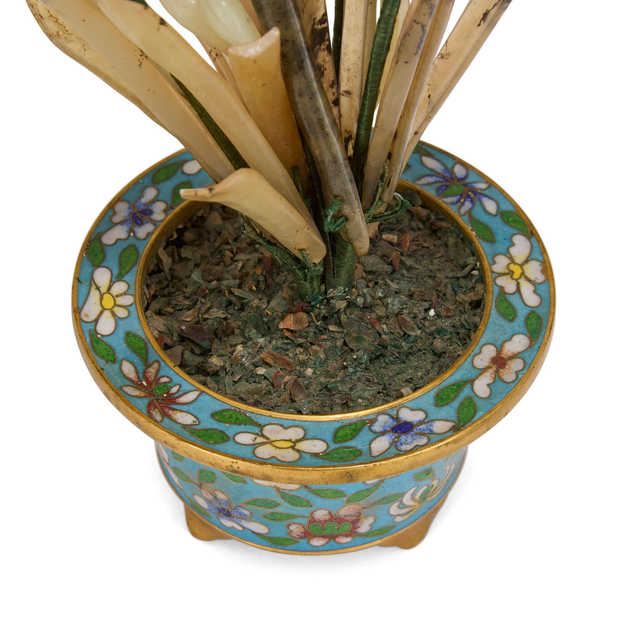 Carved Chinese Hardstone Flower Model in a Cloisonné Enamel Planter For Sale