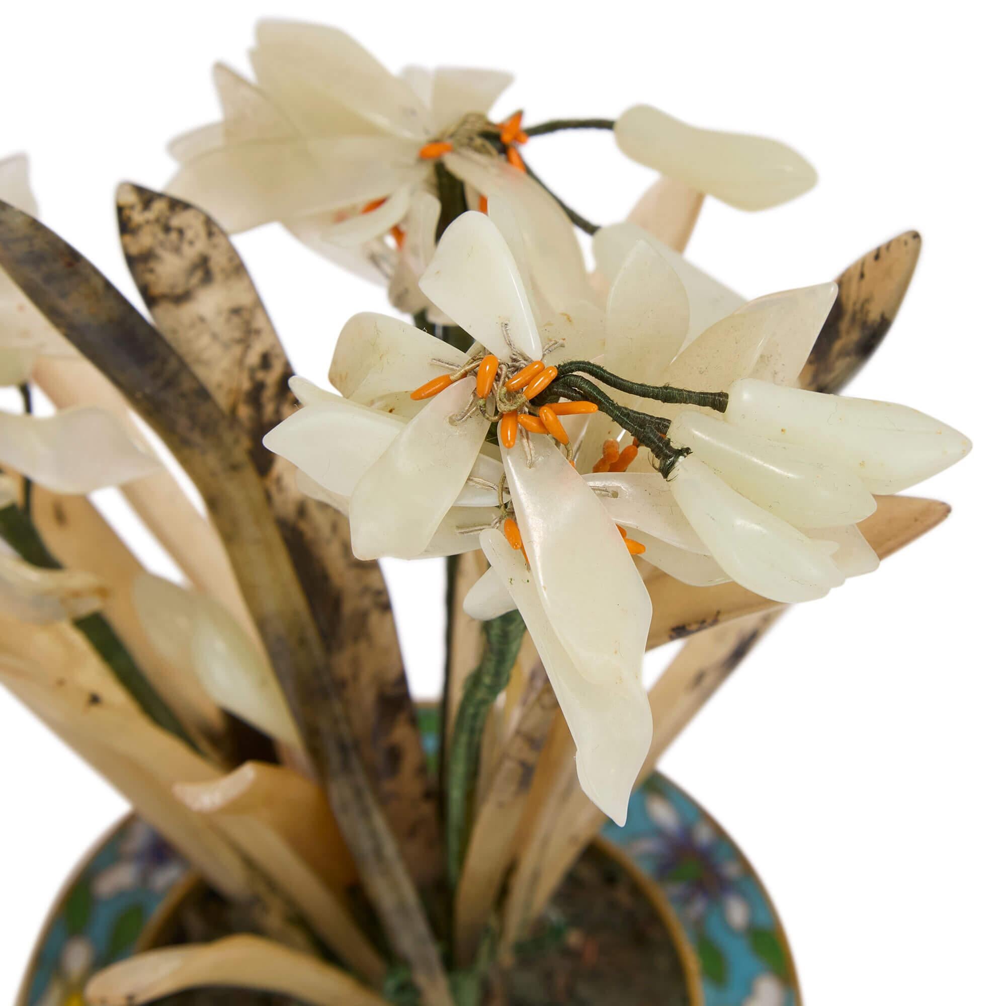 20th Century Chinese Hardstone Flower Model in a Cloisonné Enamel Planter For Sale