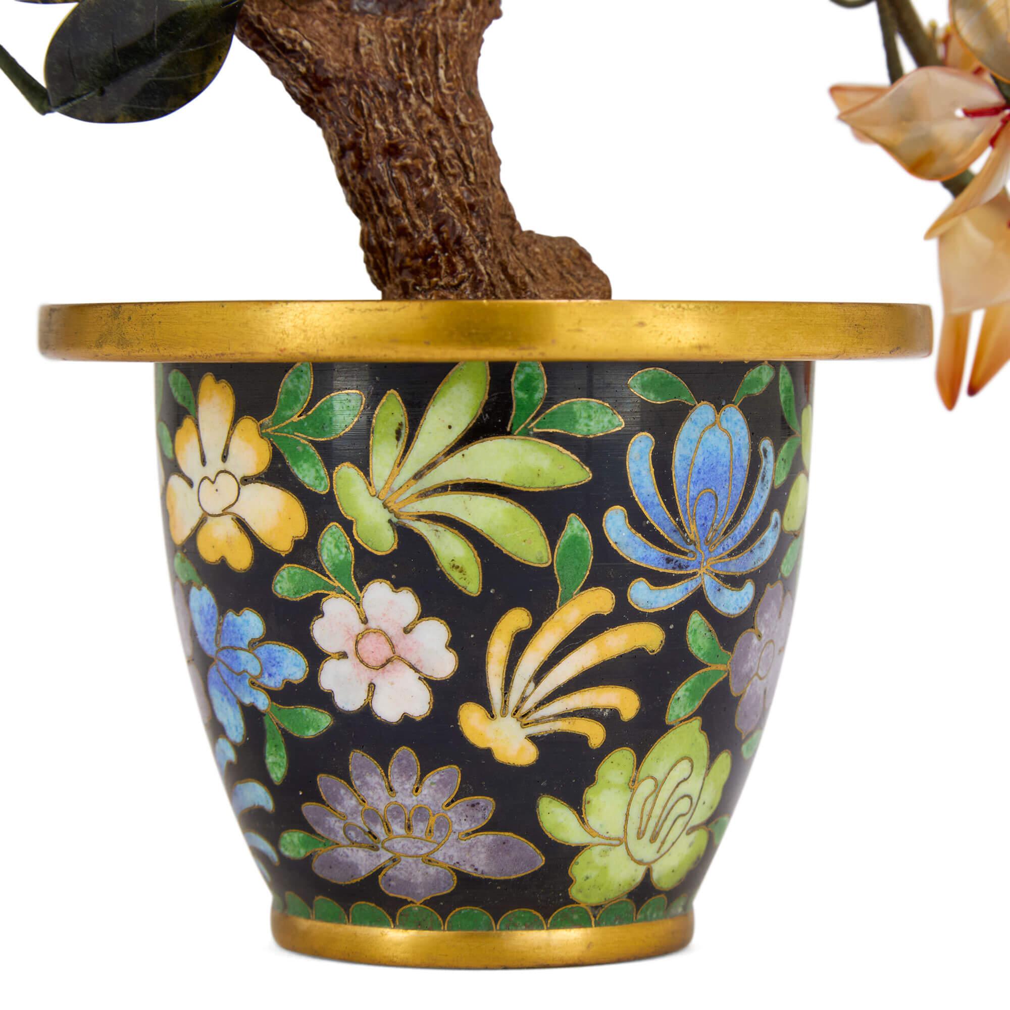Carved Chinese Hardstone Flower Model in a Cloisonné Enamel Pot For Sale
