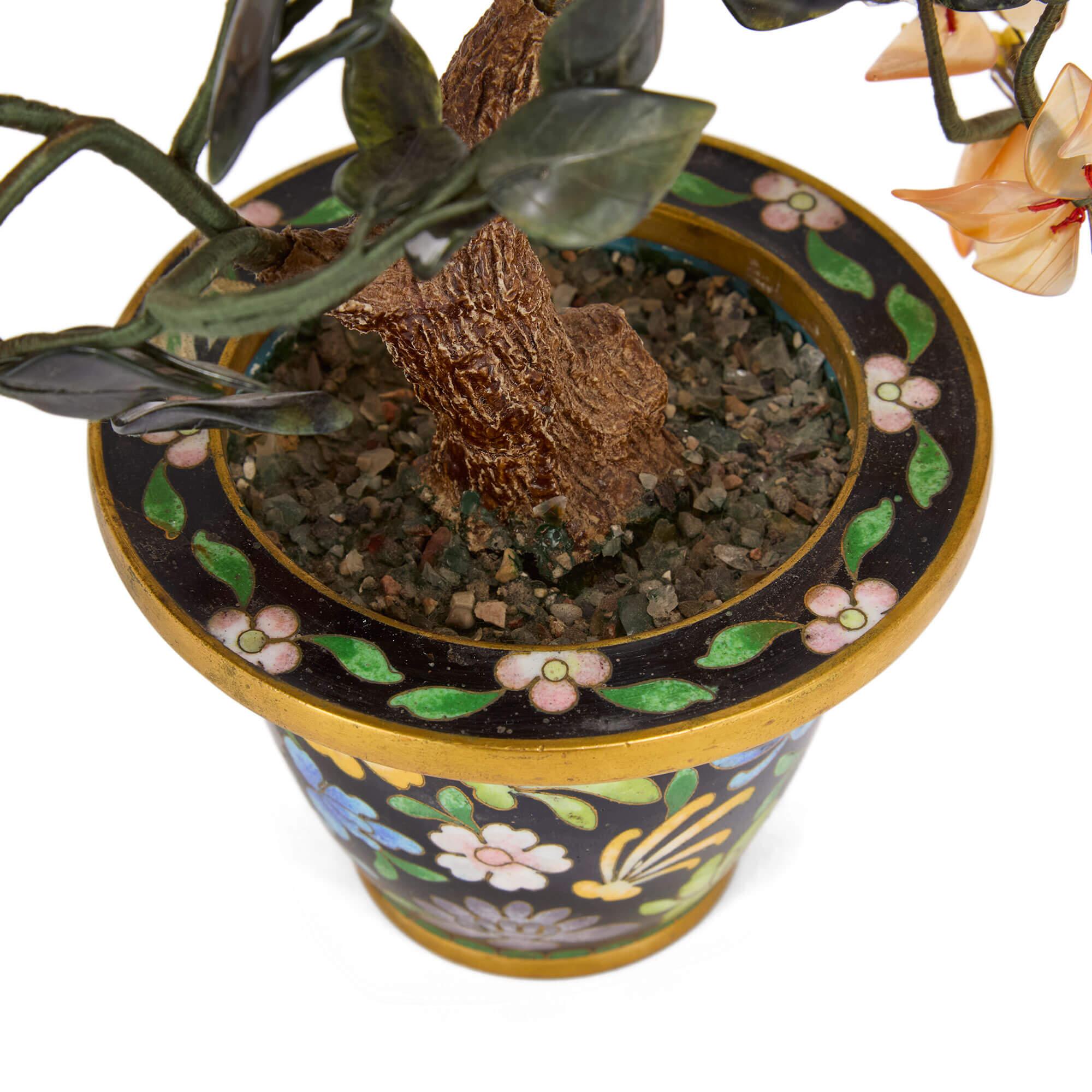 Stone Chinese Hardstone Flower Model in a Cloisonné Enamel Pot For Sale