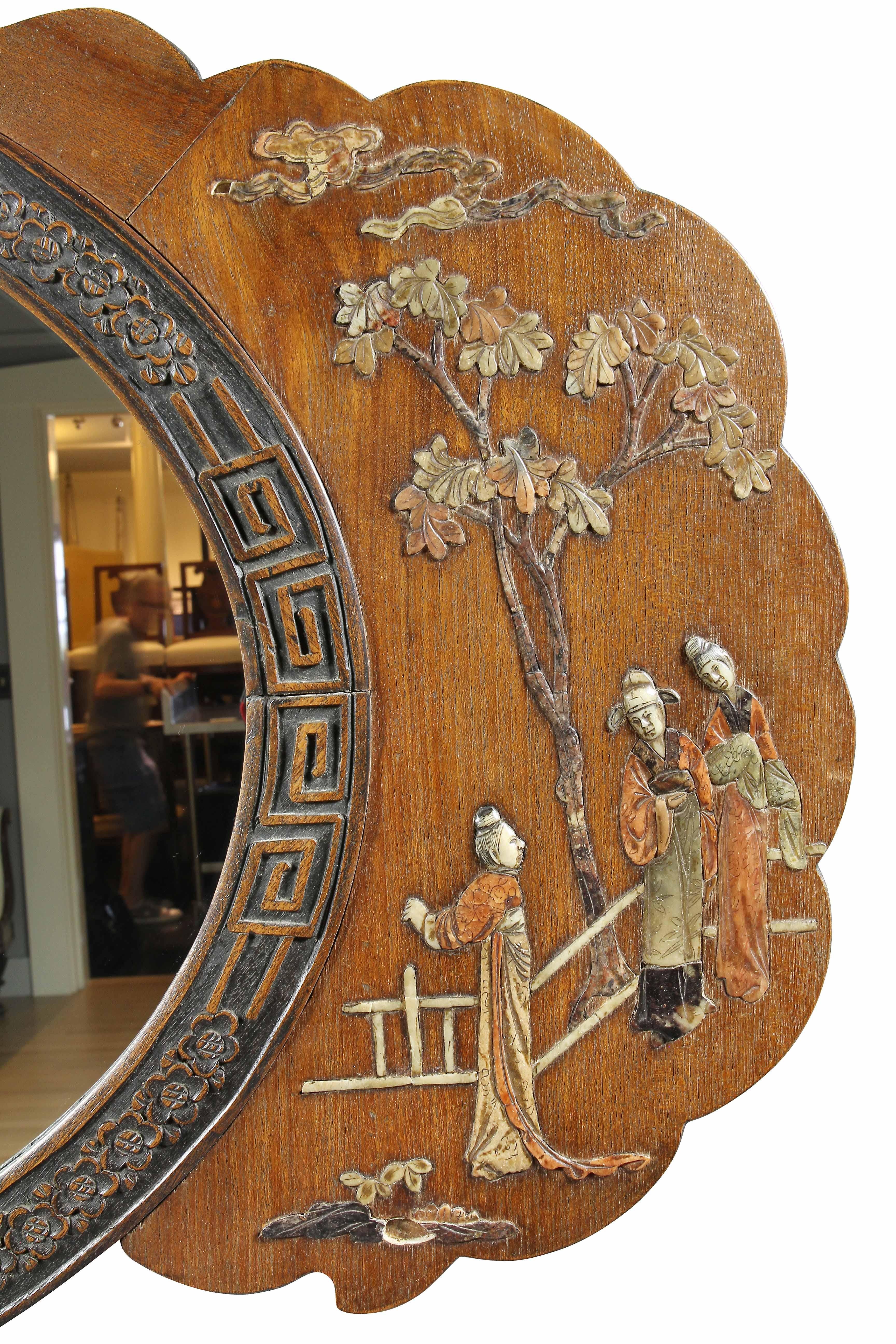 Wood Chinese Hardstone Mirror