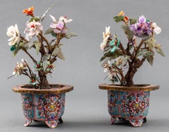Chinese Hardstone Trees in Cloisonne Pots, Pair