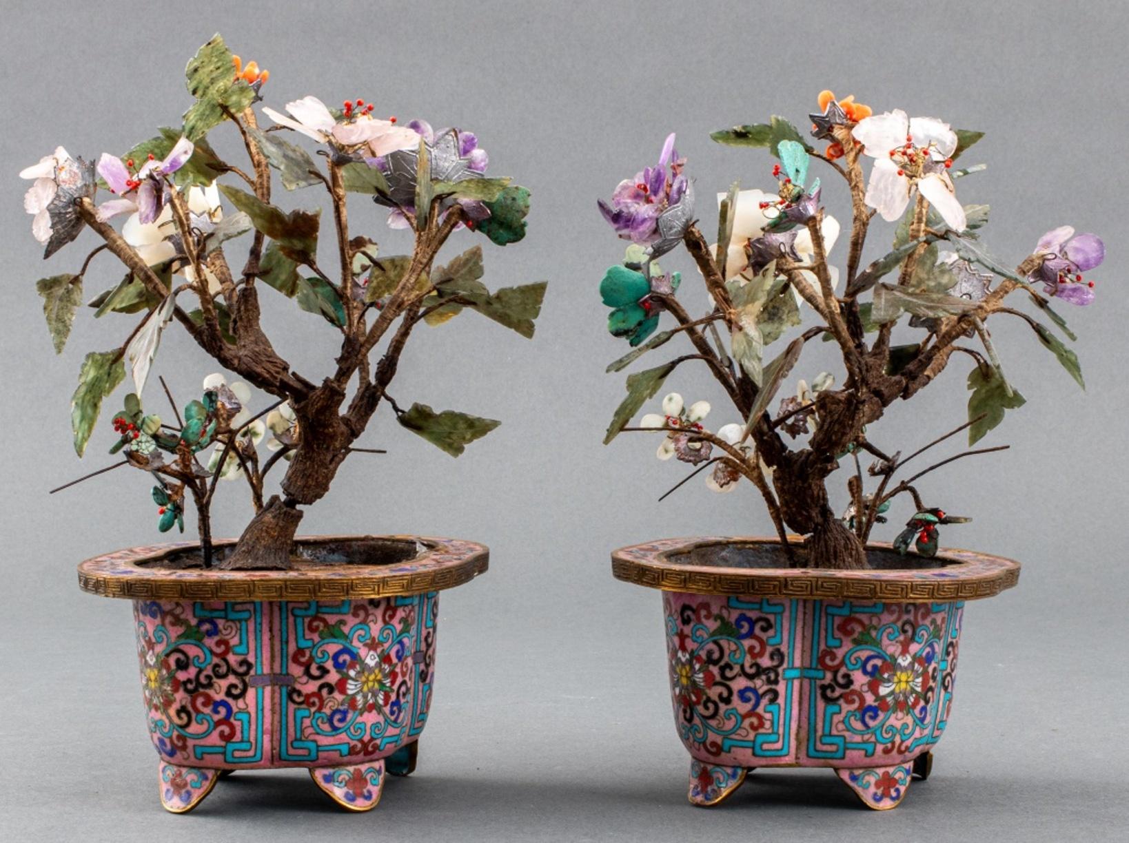 Chinese Export Chinese Hardstone Trees in Cloisonne Pots, Pair For Sale