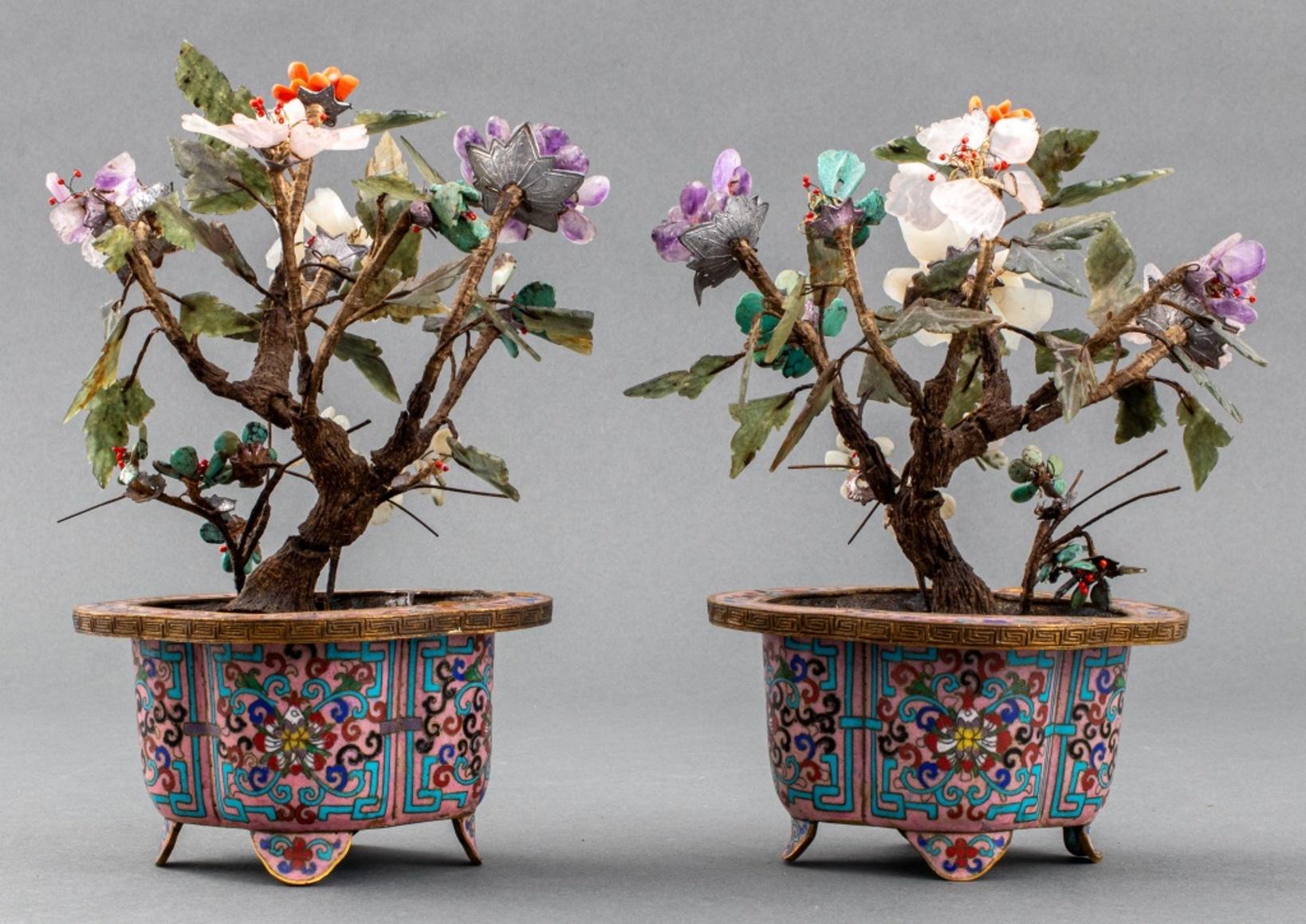 Chinese Hardstone Trees in Cloisonne Pots, Pair In Good Condition For Sale In New York, NY