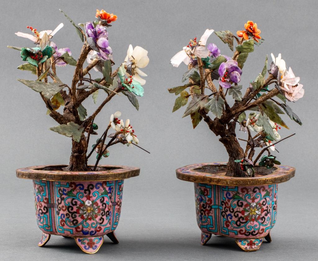 20th Century Chinese Hardstone Trees in Cloisonne Pots, Pair For Sale