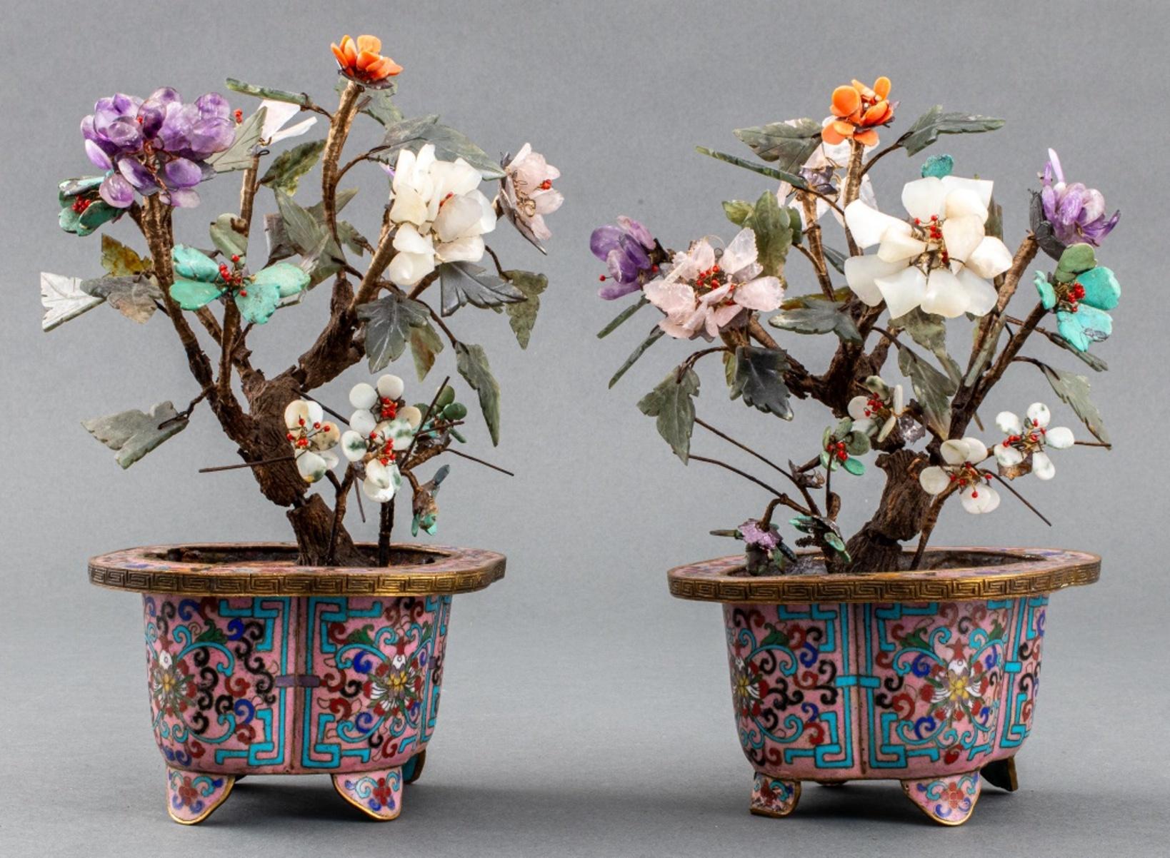 Coral Chinese Hardstone Trees in Cloisonne Pots, Pair For Sale