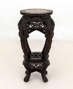 19th Century Chinese Carved Hardwood and Marble Pedestal Table
