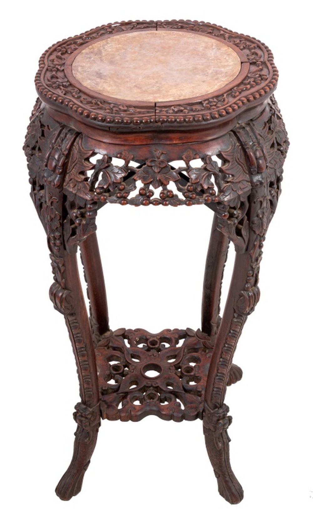Carved Chinese Hardwood and Marble Pedestal Table For Sale