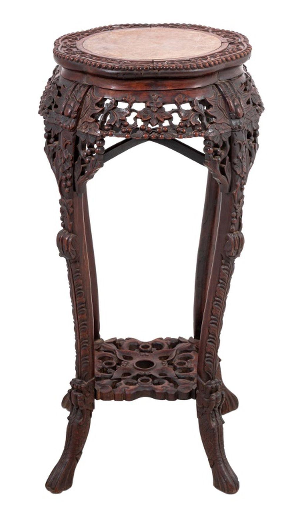 Chinese Hardwood and Marble Pedestal Table In Good Condition For Sale In Astoria, NY