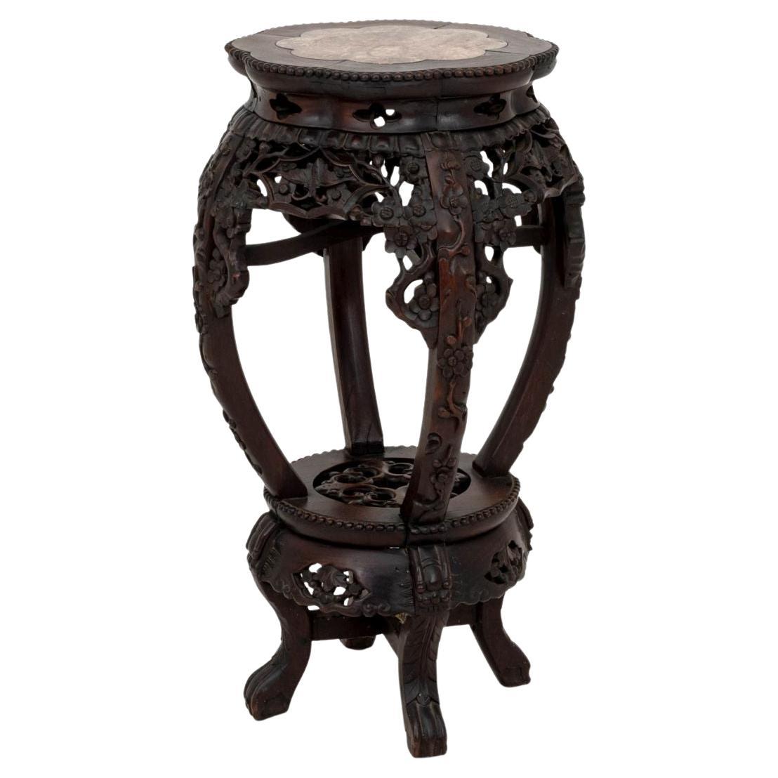19th Century Chinese Carved Hardwood and Marble Pedestal Table