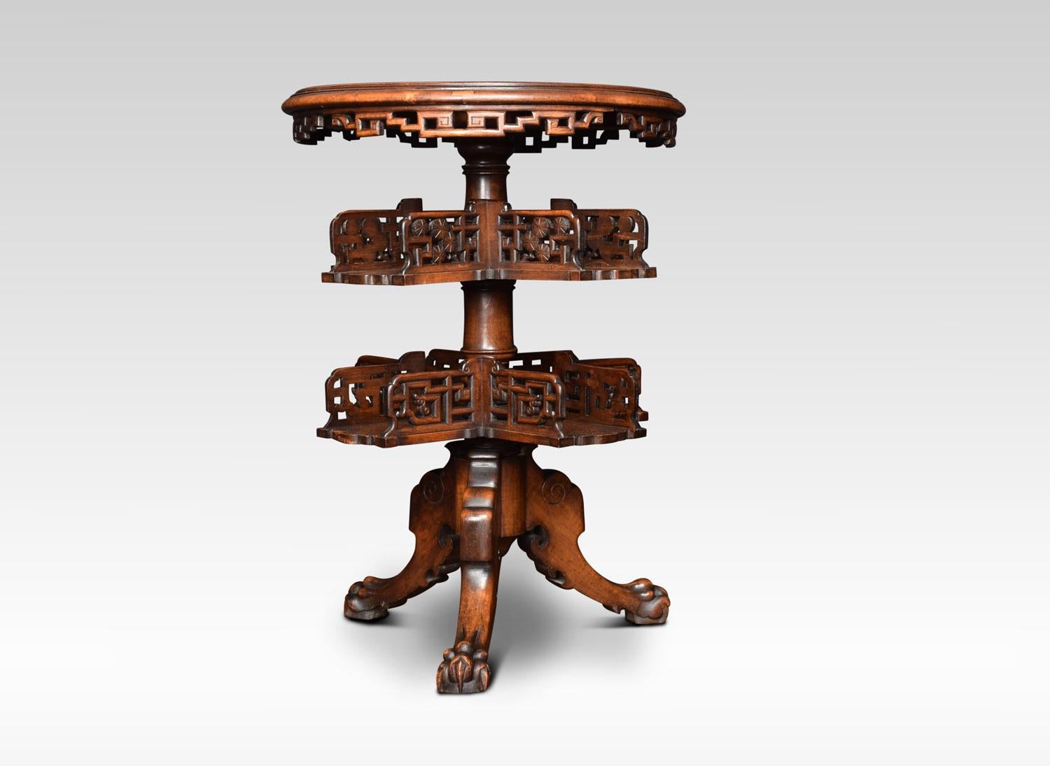Chinese hardwood revolving book table the circular inset marble top above two tiers of pierced book shelves. All raised up on lion paw feet.
Dimensions
Height 30 inches
Width 21.5 inches
Depth 21.5 inches.