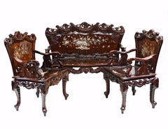 Chinesische Hartholz-Bank und Stuhl-Set aus Perlmutt, 1900