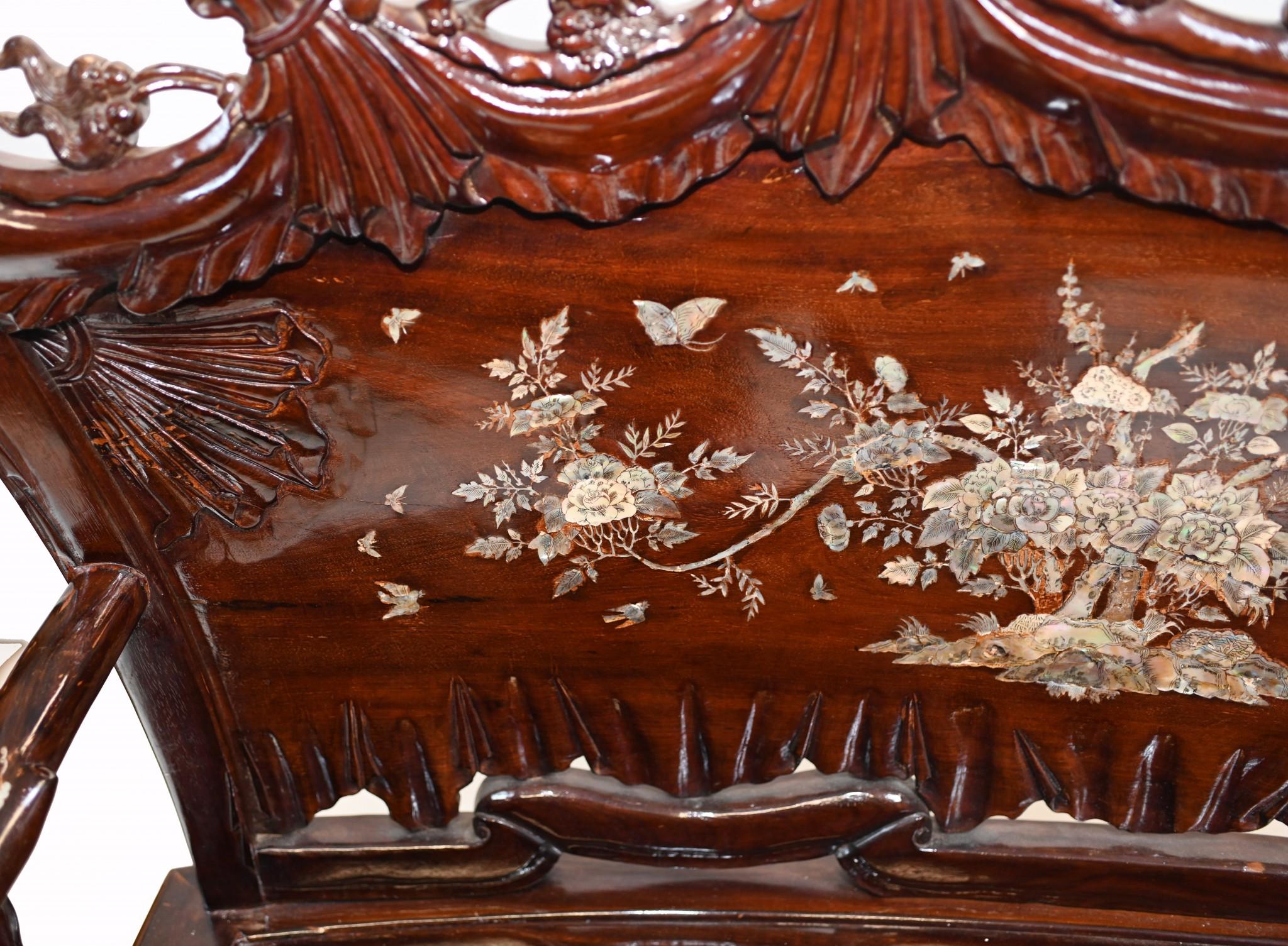 Chinese Hardwood Bench and Chair Set Suite Mother of Pearl 1900 In Good Condition In Potters Bar, GB