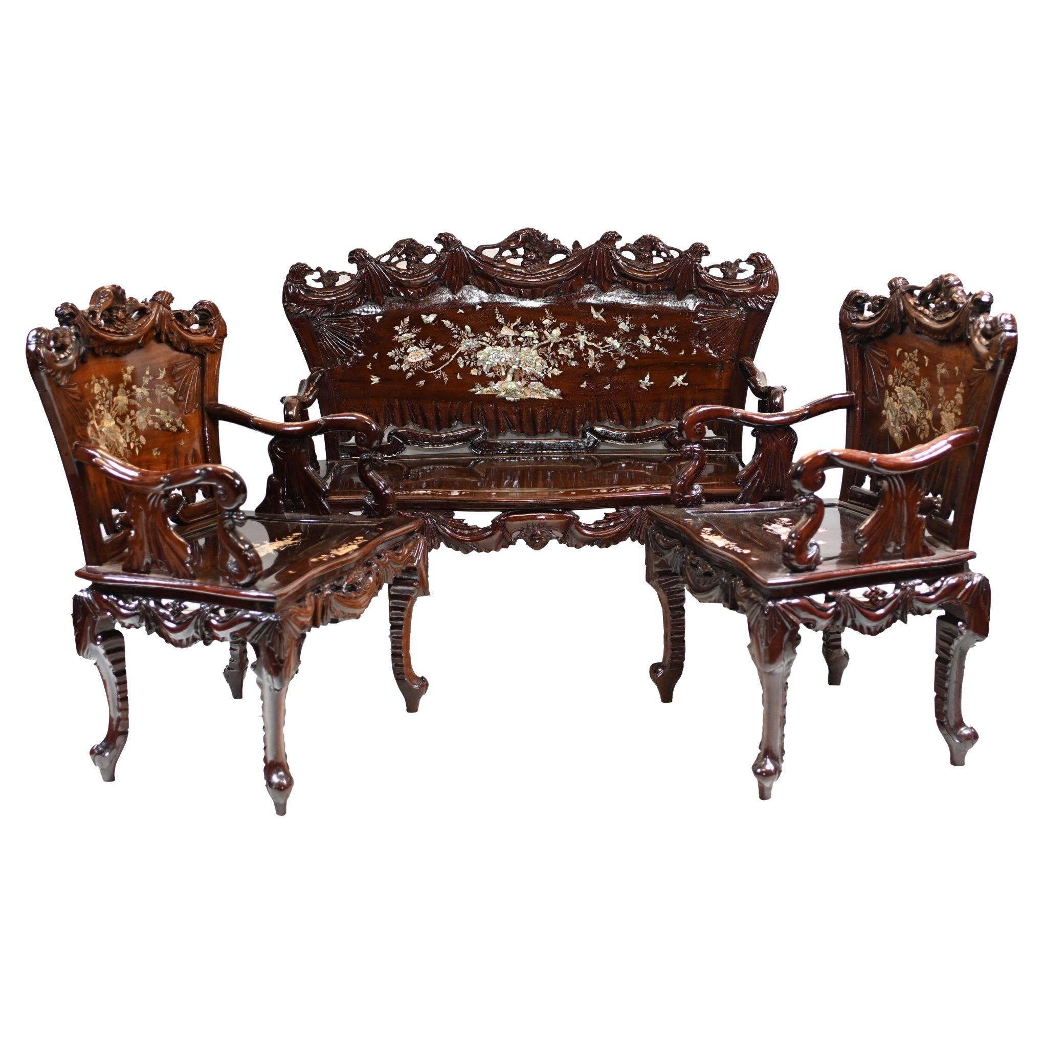 Chinese Hardwood Bench and Chair Set Suite Mother of Pearl 1900