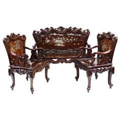 Chinese Hardwood Bench and Chair Set Suite Mother of Pearl 1900