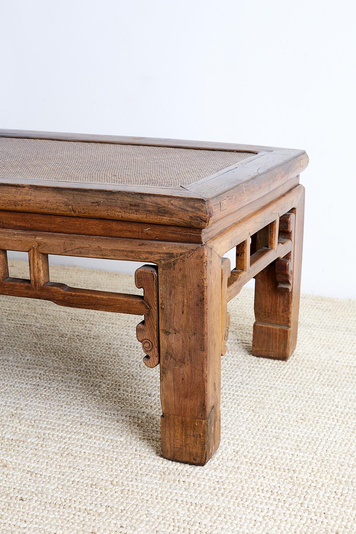 Ming Chinese Hardwood Bench Coffee Table with Raffia Seat