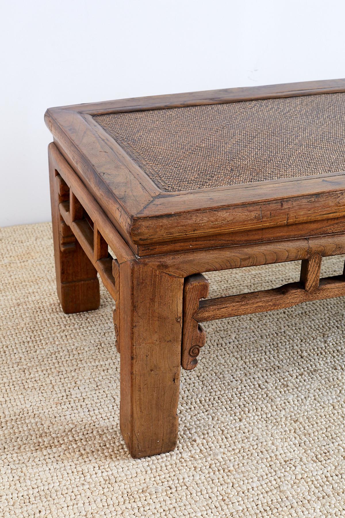 Hand-Carved Chinese Hardwood Bench Coffee Table with Raffia Seat