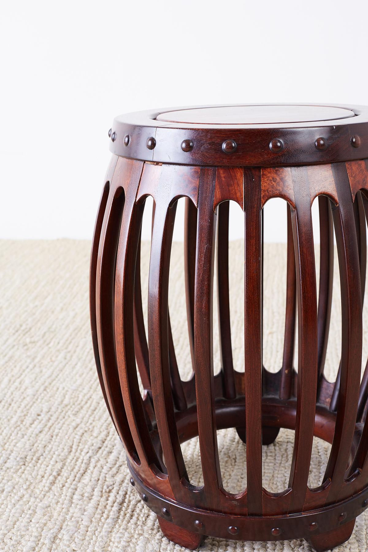 Chinese Hardwood Carved Drum Stool or Drink Table In Good Condition In Rio Vista, CA