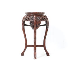 Chinese Hardwood Carved Pedestal Table with Marble Inlaid Top, 1920s