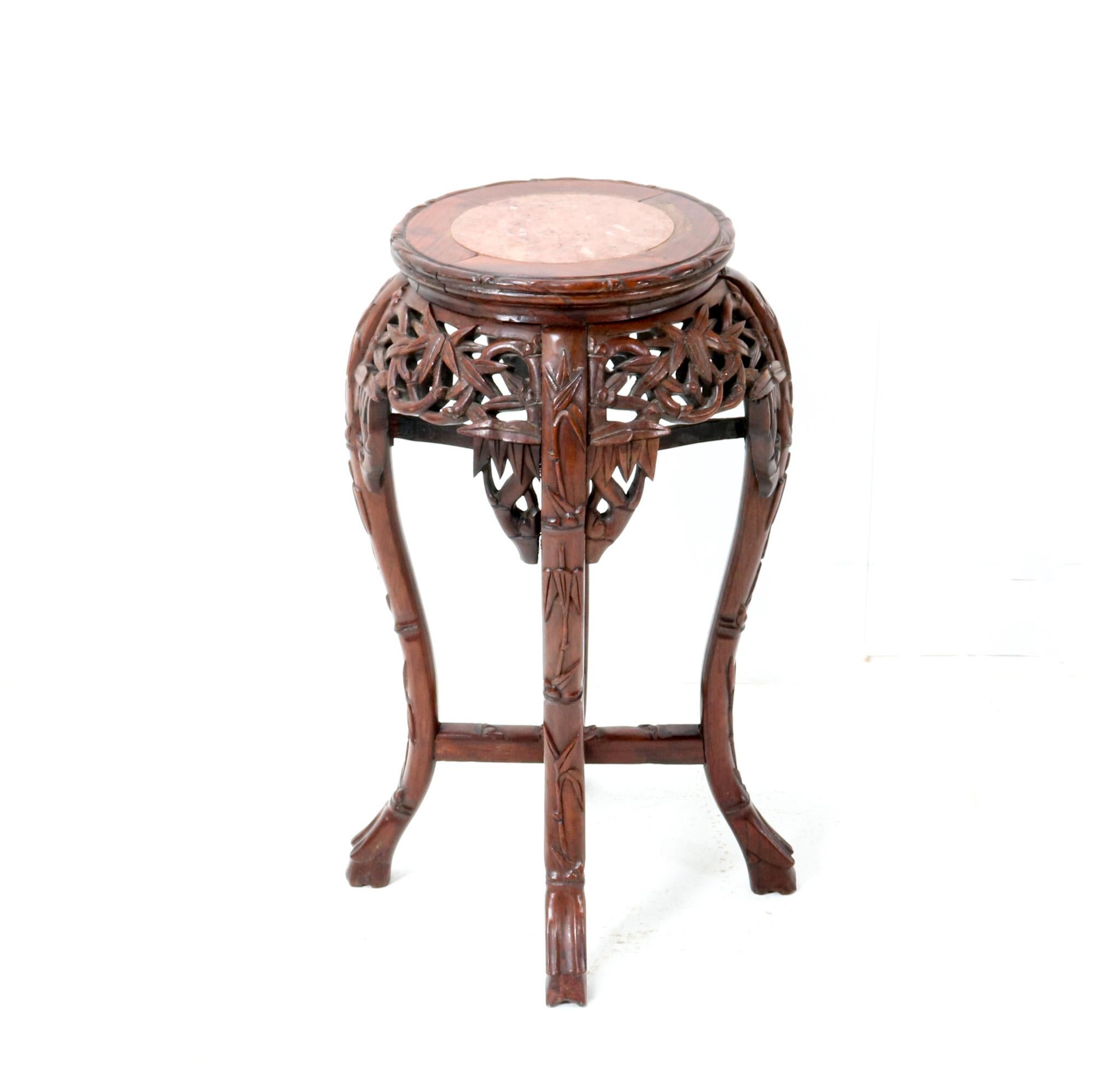 Chinese Export Chinese Hardwood Carved Pedestal Table with Marble Inlaid Top, 1920s For Sale
