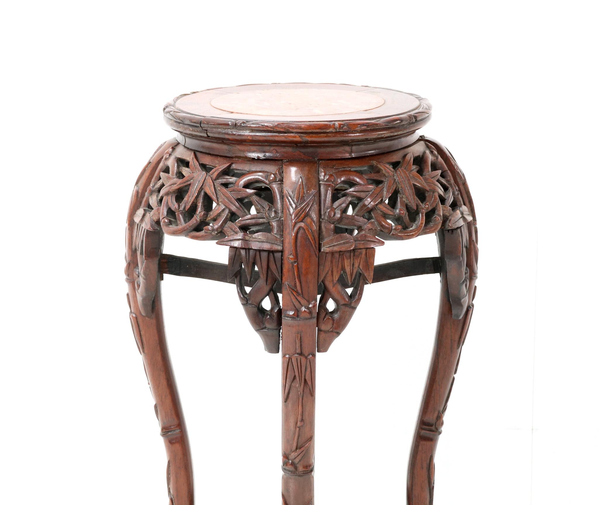 Early 20th Century Chinese Hardwood Carved Pedestal Table with Marble Inlaid Top, 1920s For Sale