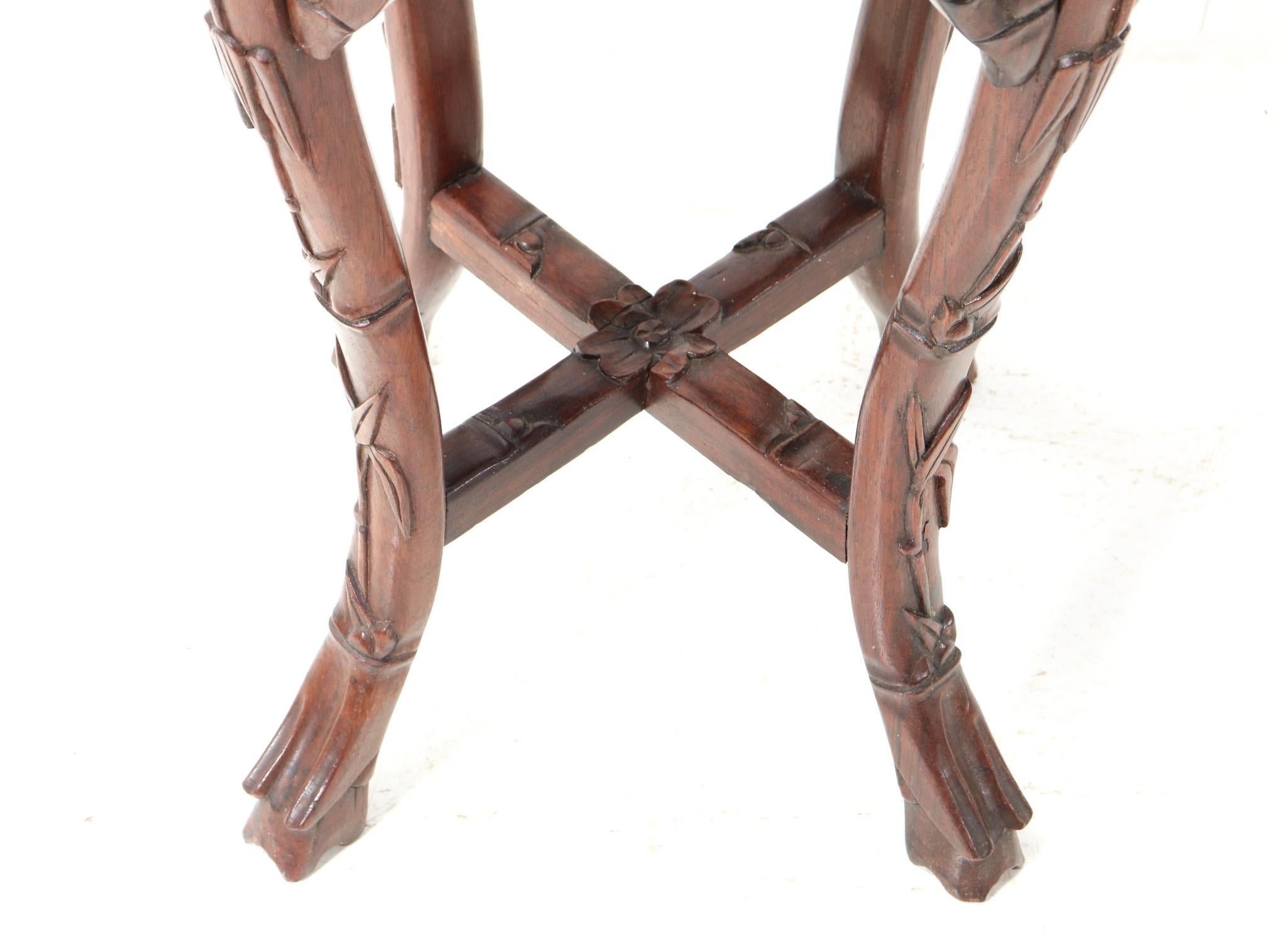 Chinese Hardwood Carved Pedestal Table with Marble Inlaid Top, 1920s For Sale 1