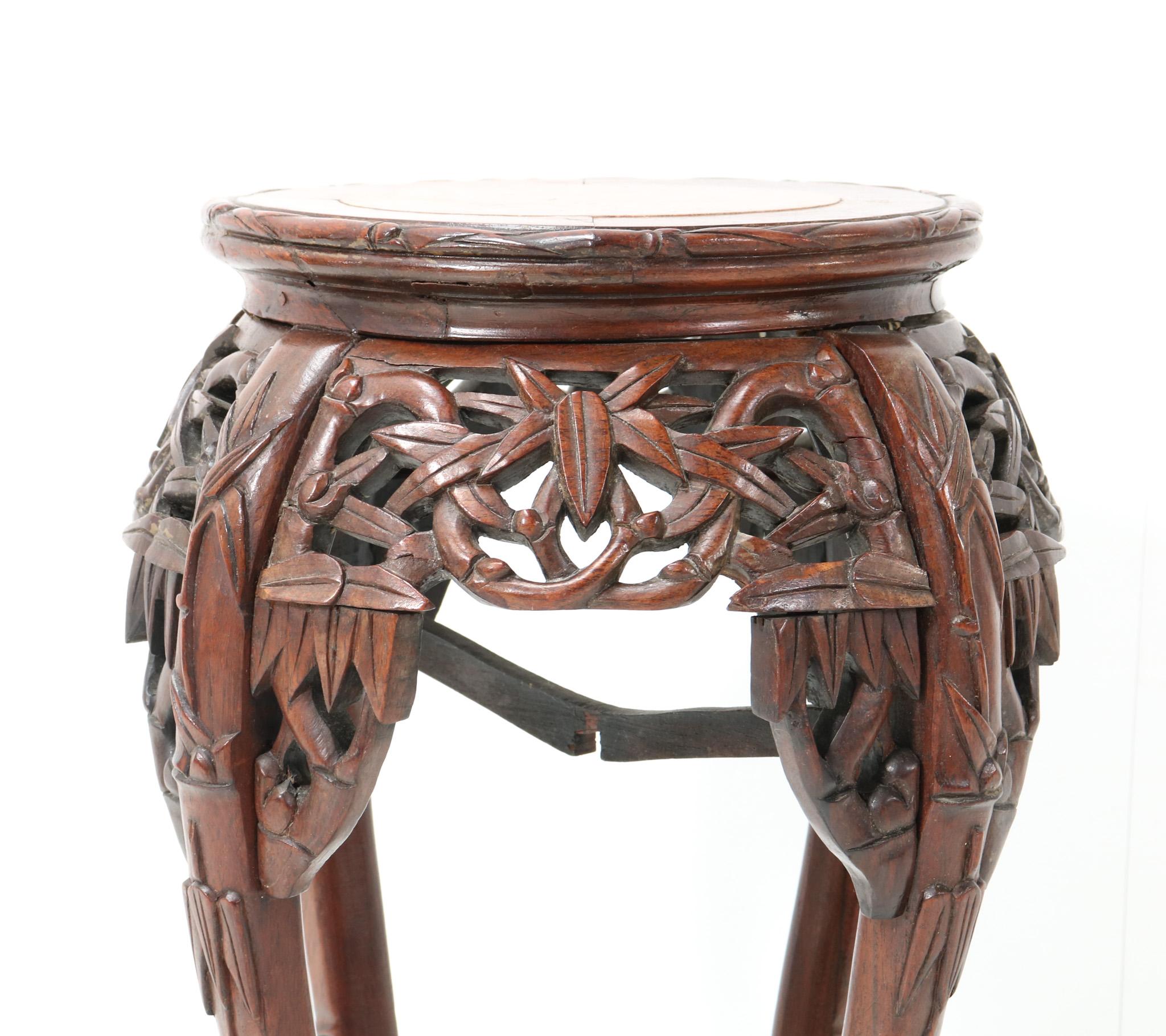 Chinese Hardwood Carved Pedestal Table with Marble Inlaid Top, 1920s For Sale 2