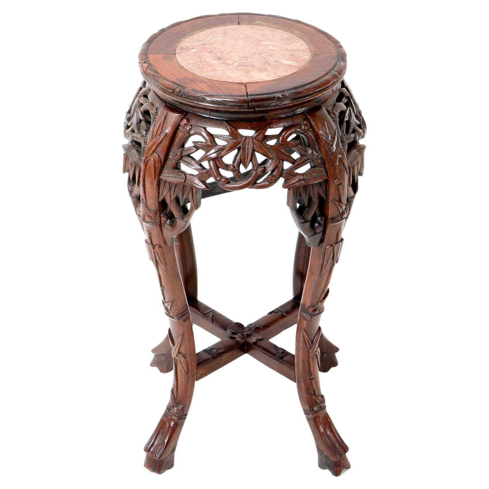 Chinese Hardwood Carved Pedestal Table with Marble Inlaid Top, 1920s For Sale