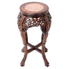 Chinese Hardwood Carved Pedestal Table with Marble Inlaid Top, 1920s