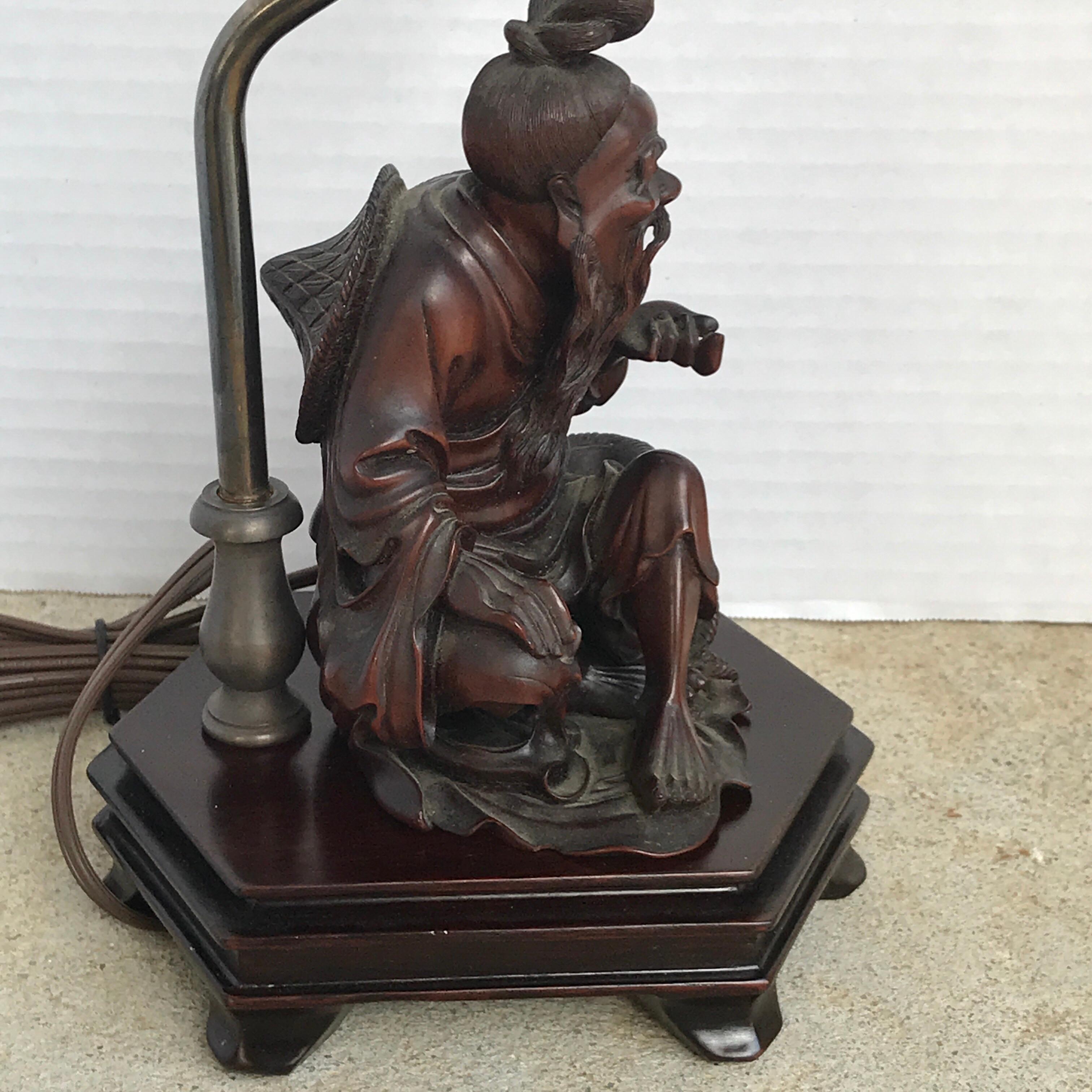 Chinese Hardwood Carving of a Seated Man, Now as a Lamp 3